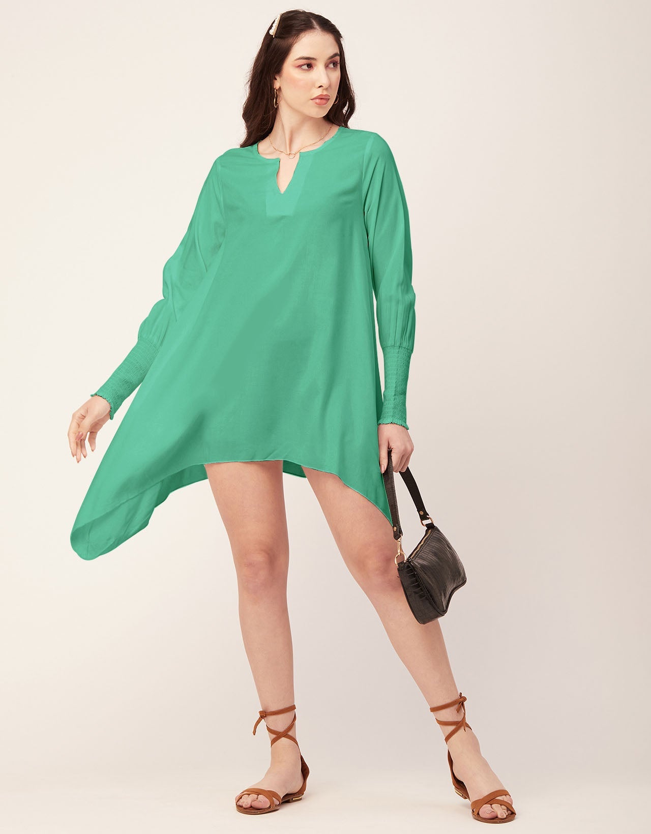 Solid Flared V Neck Dress