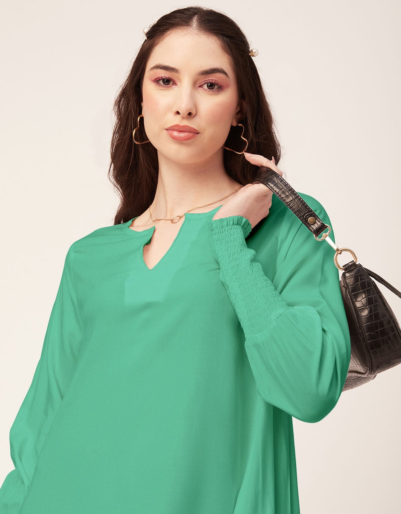 Solid Flared V Neck Dress