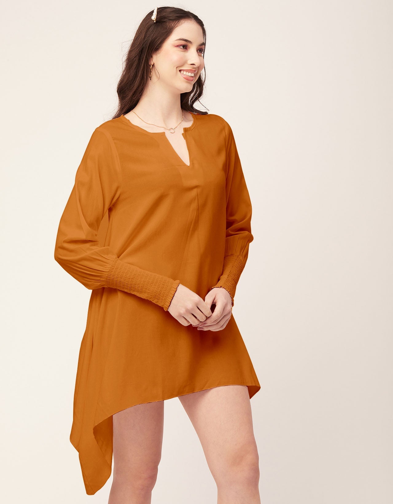 Solid Flared V Neck Dress