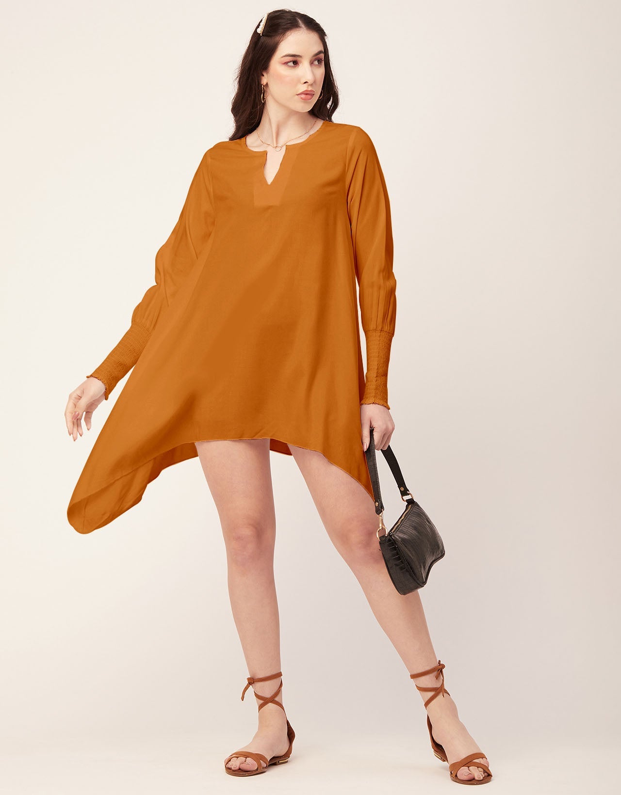 Solid Flared V Neck Dress