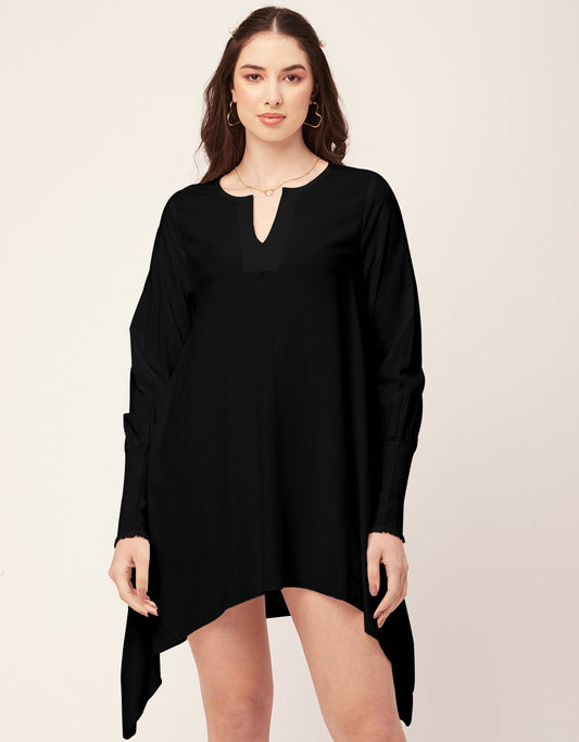 Solid Flared V Neck Dress