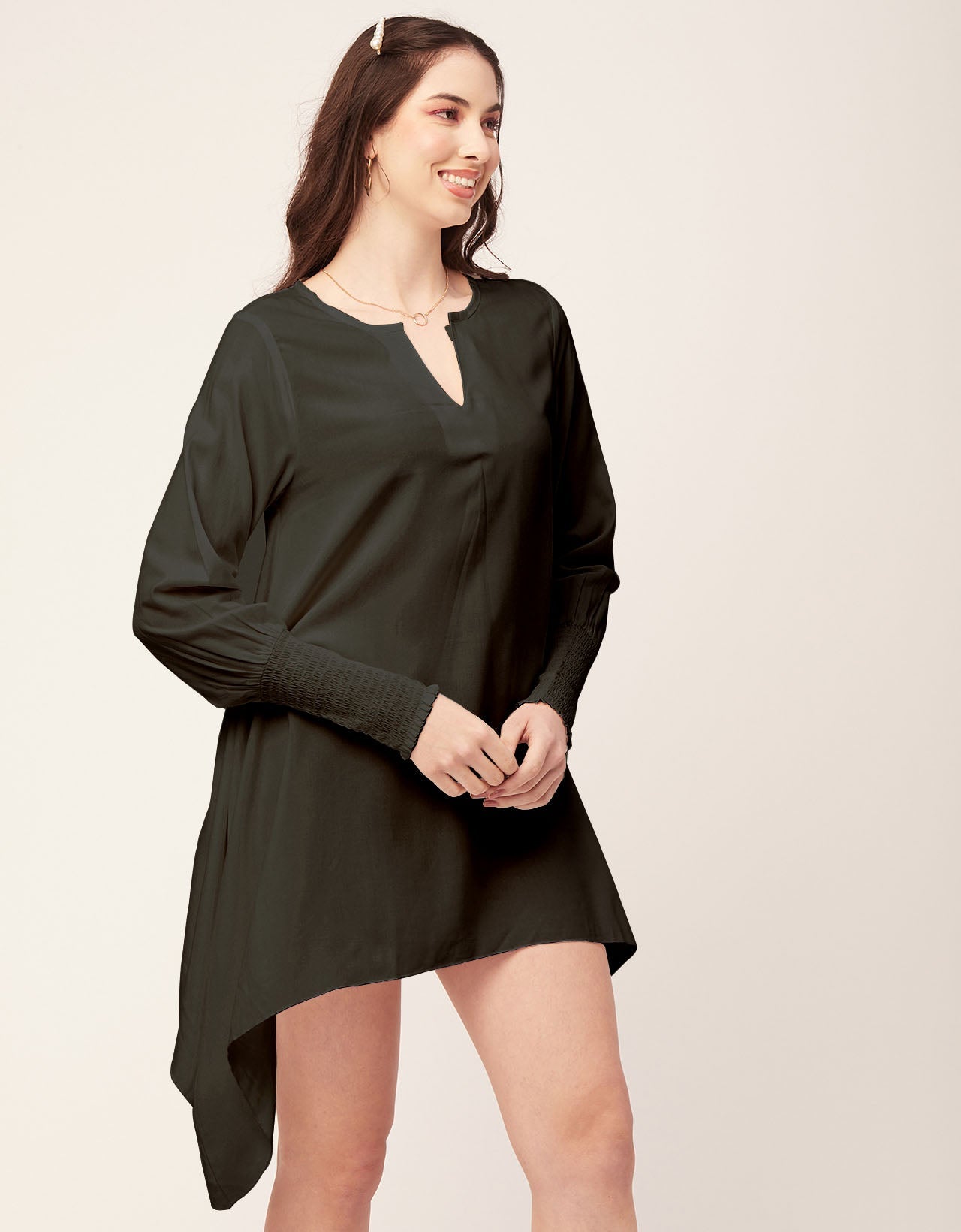 Solid Flared V Neck Dress