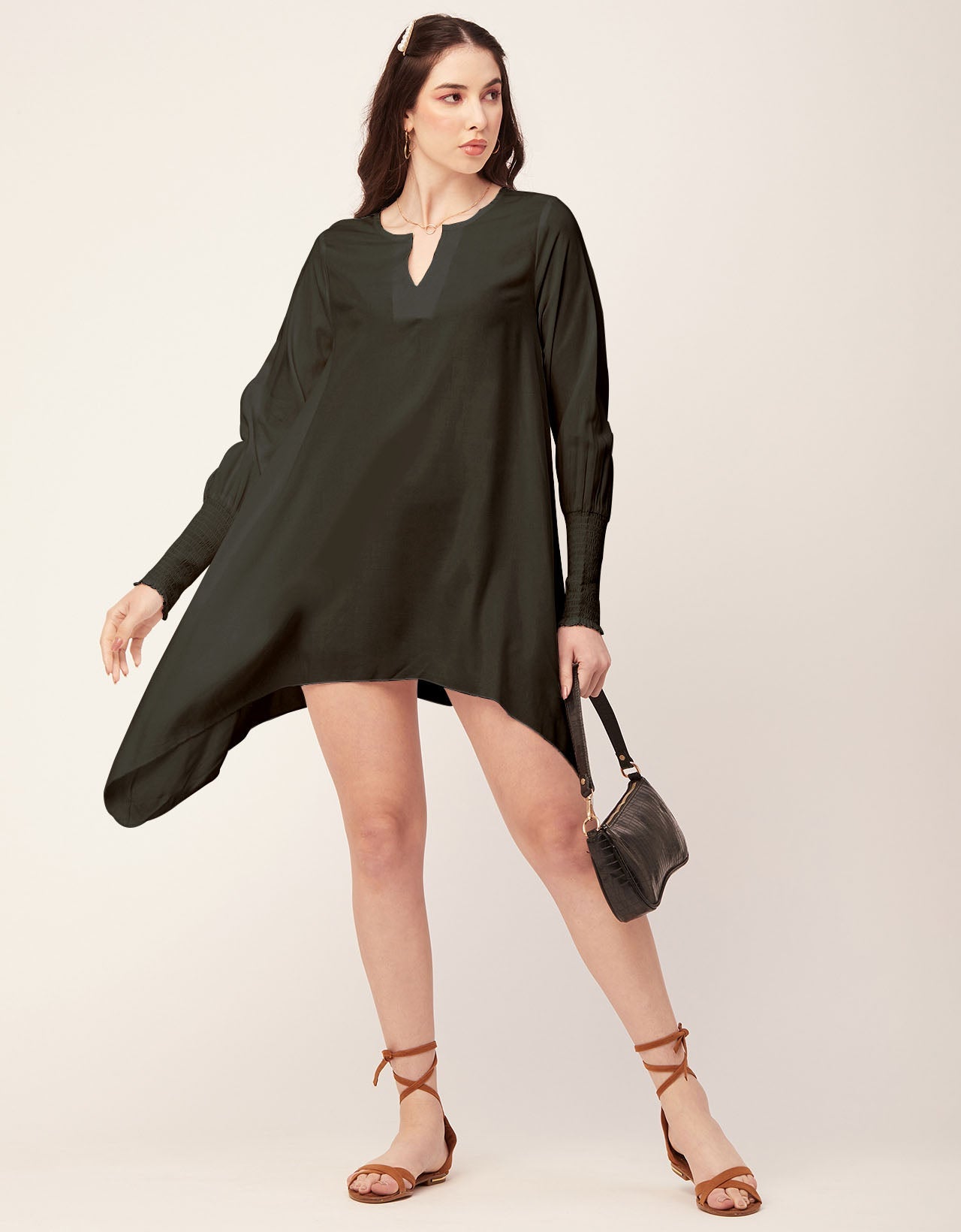 Solid Flared V Neck Dress