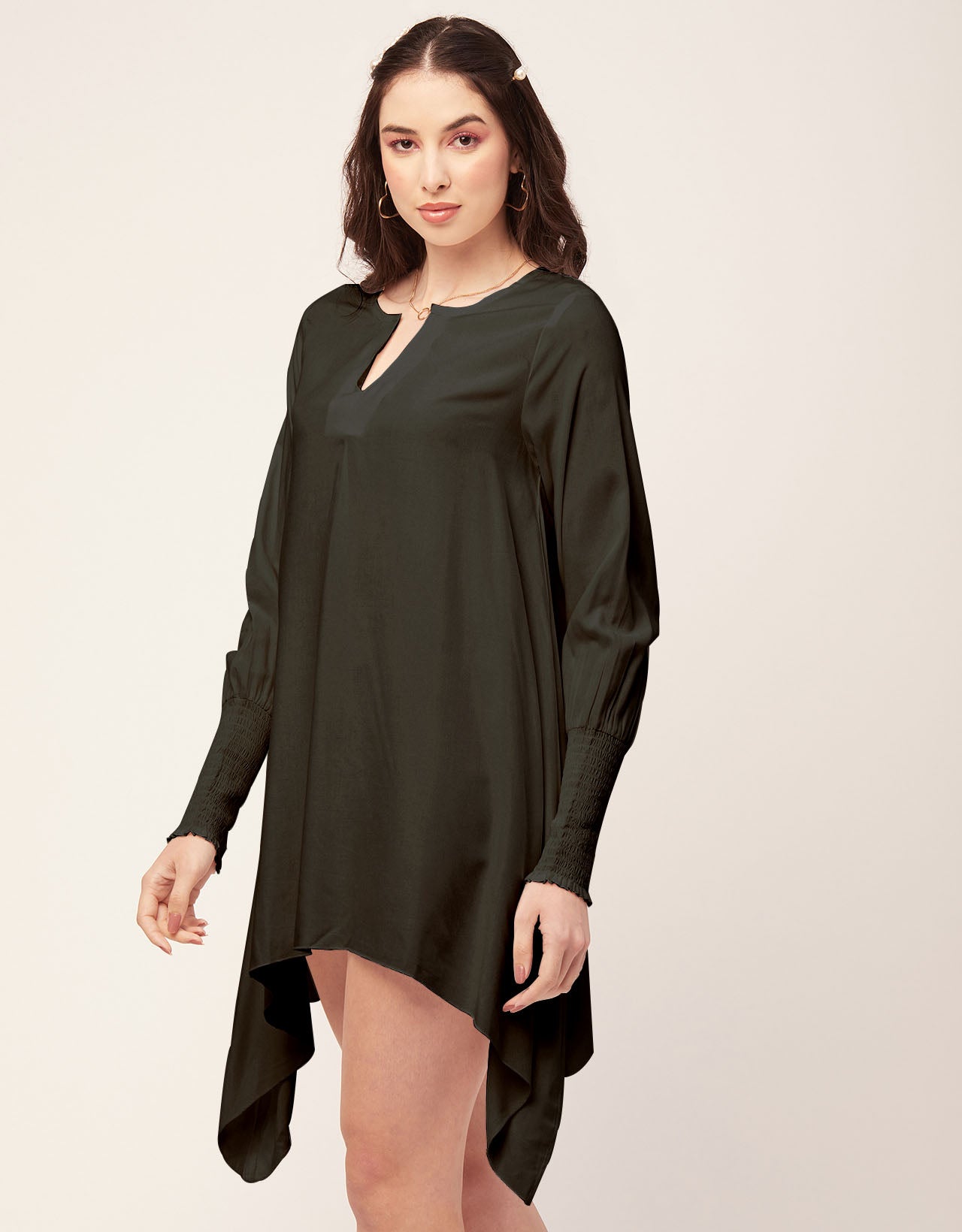 Solid Flared V Neck Dress