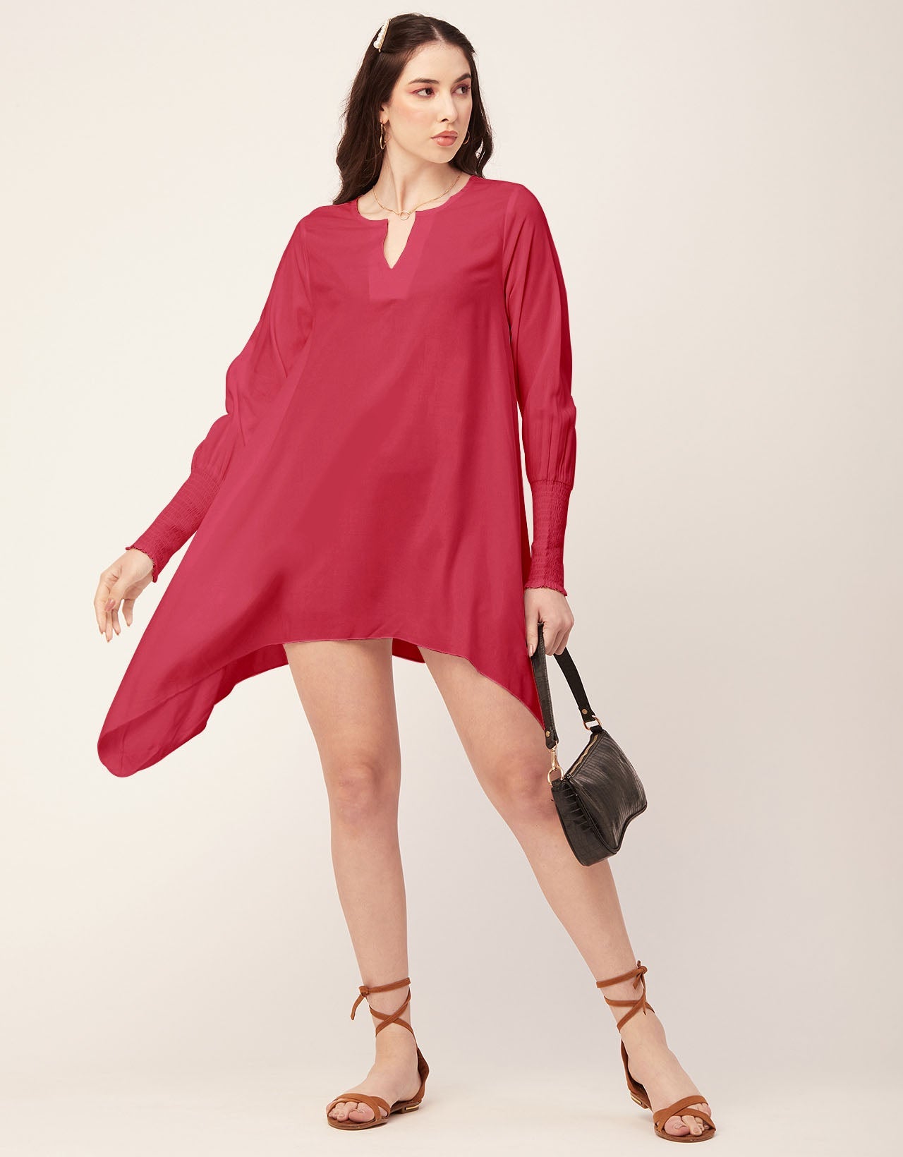 Solid Flared V Neck Dress