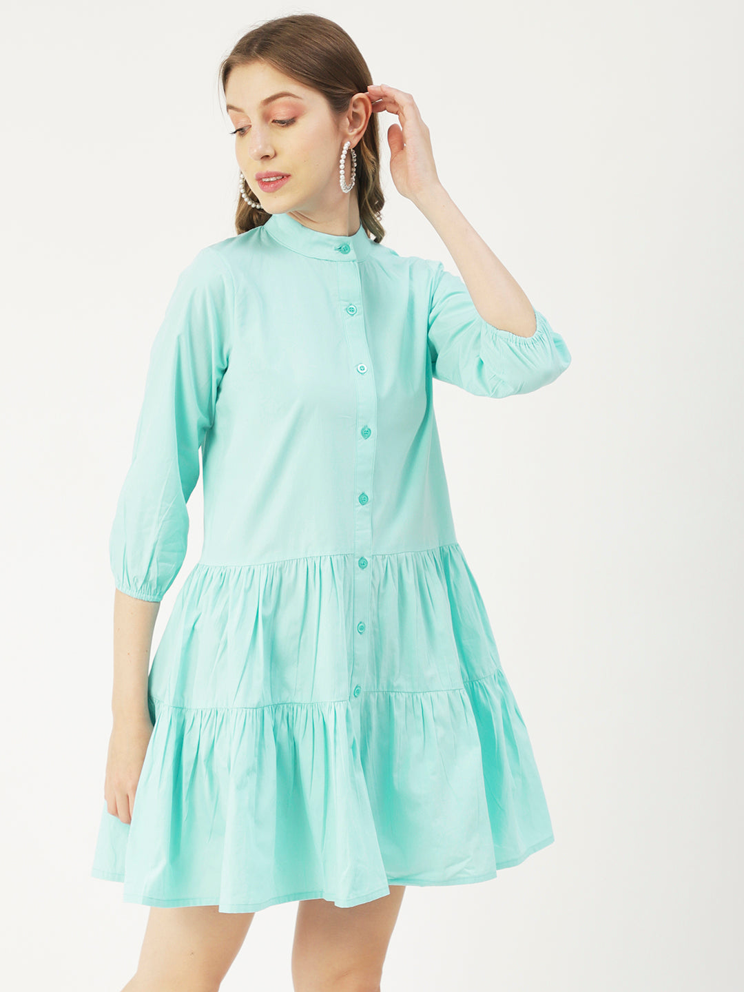 Cotton Button Down Resort Dress, Quarter Sleeve