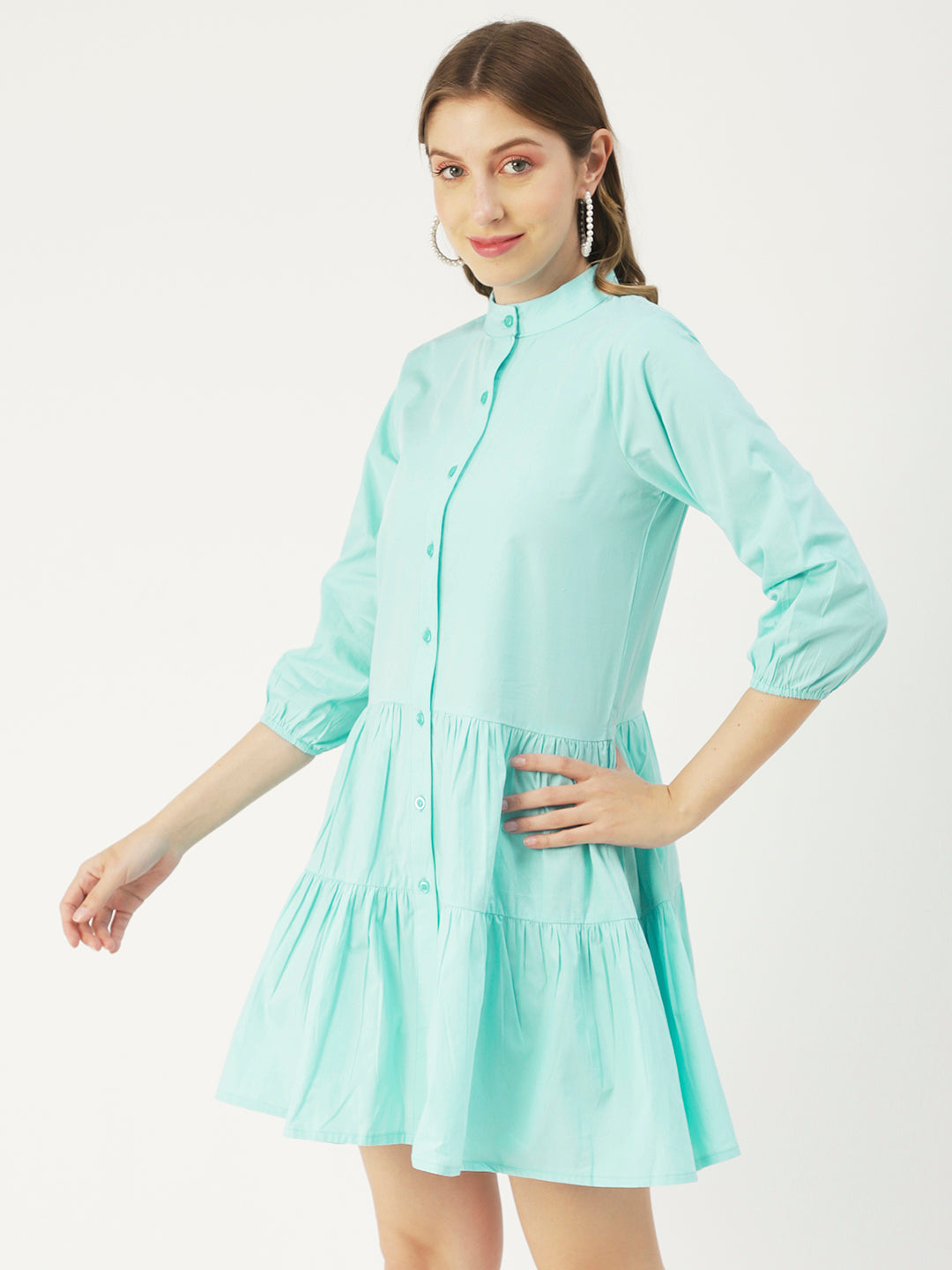Cotton Button Down Resort Dress, Quarter Sleeve