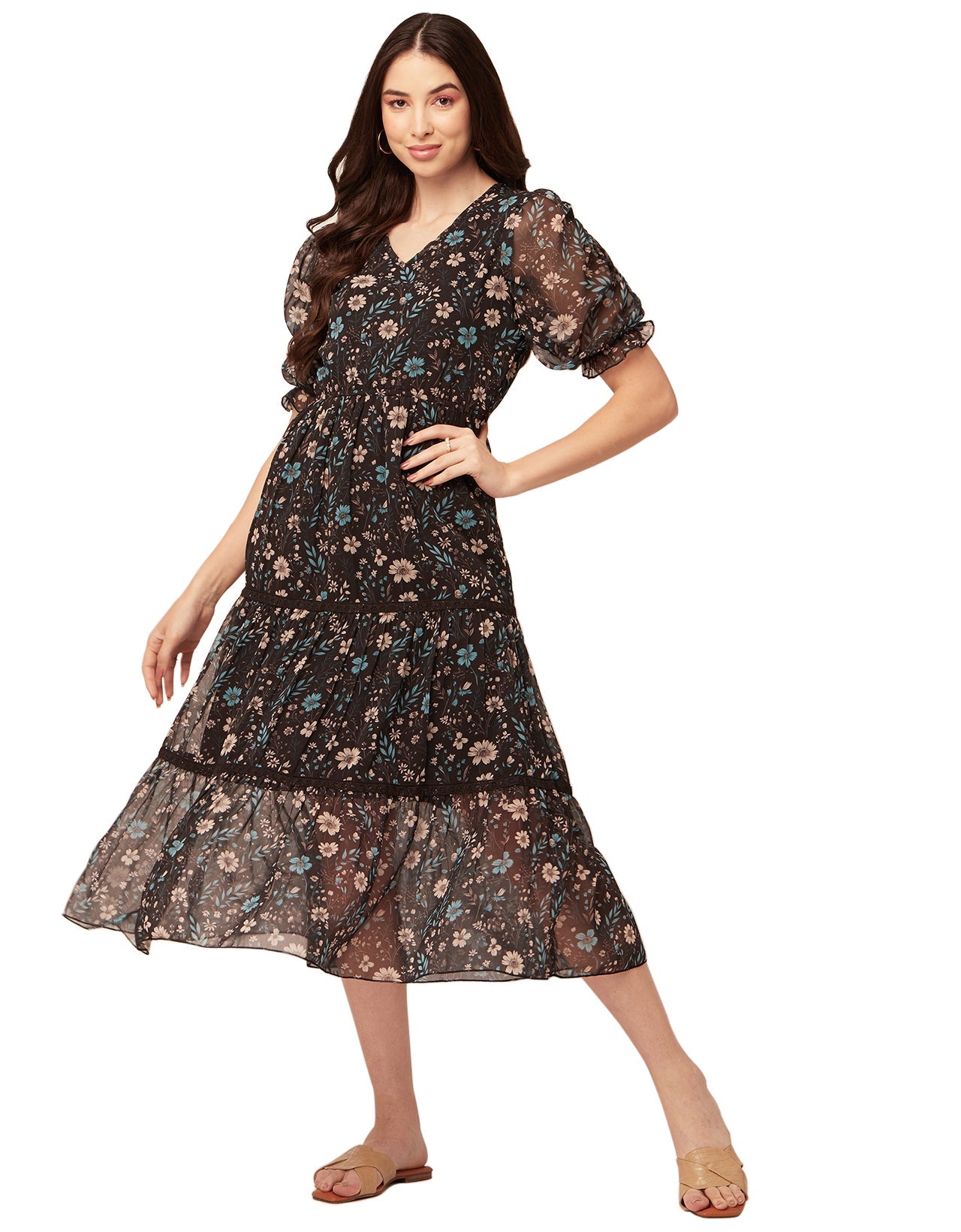 Printed Tiered V Neck Dress