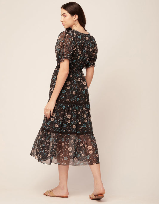 Printed Tiered V Neck Dress