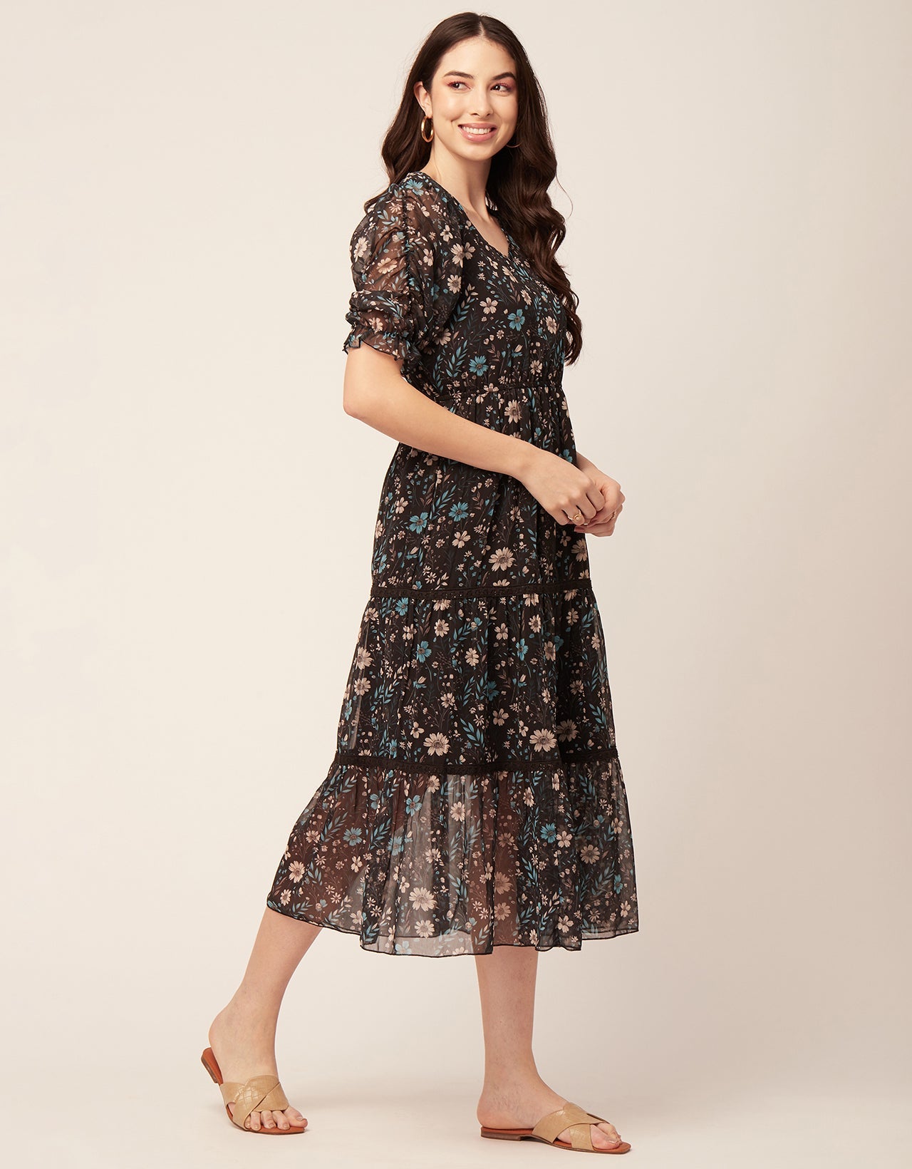 Printed Tiered V Neck Dress