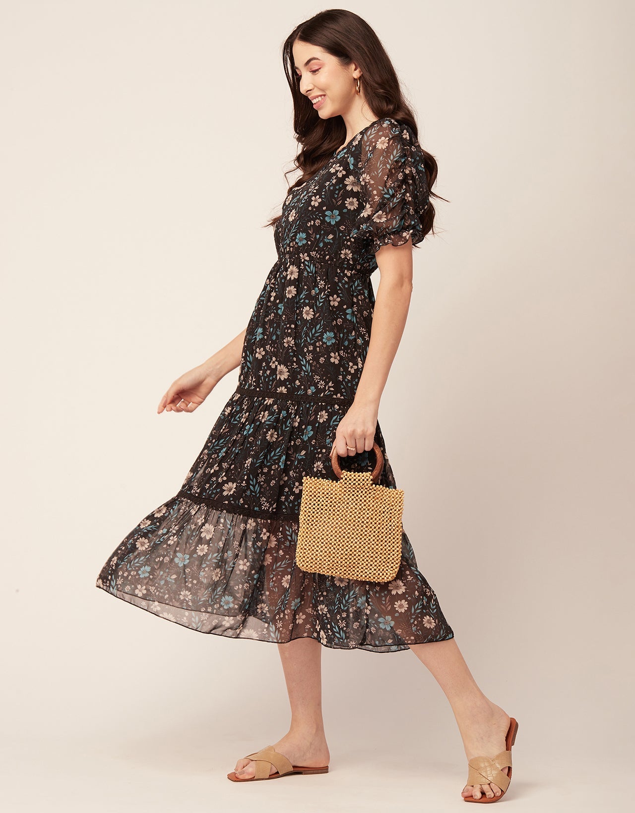 Printed Tiered V Neck Dress