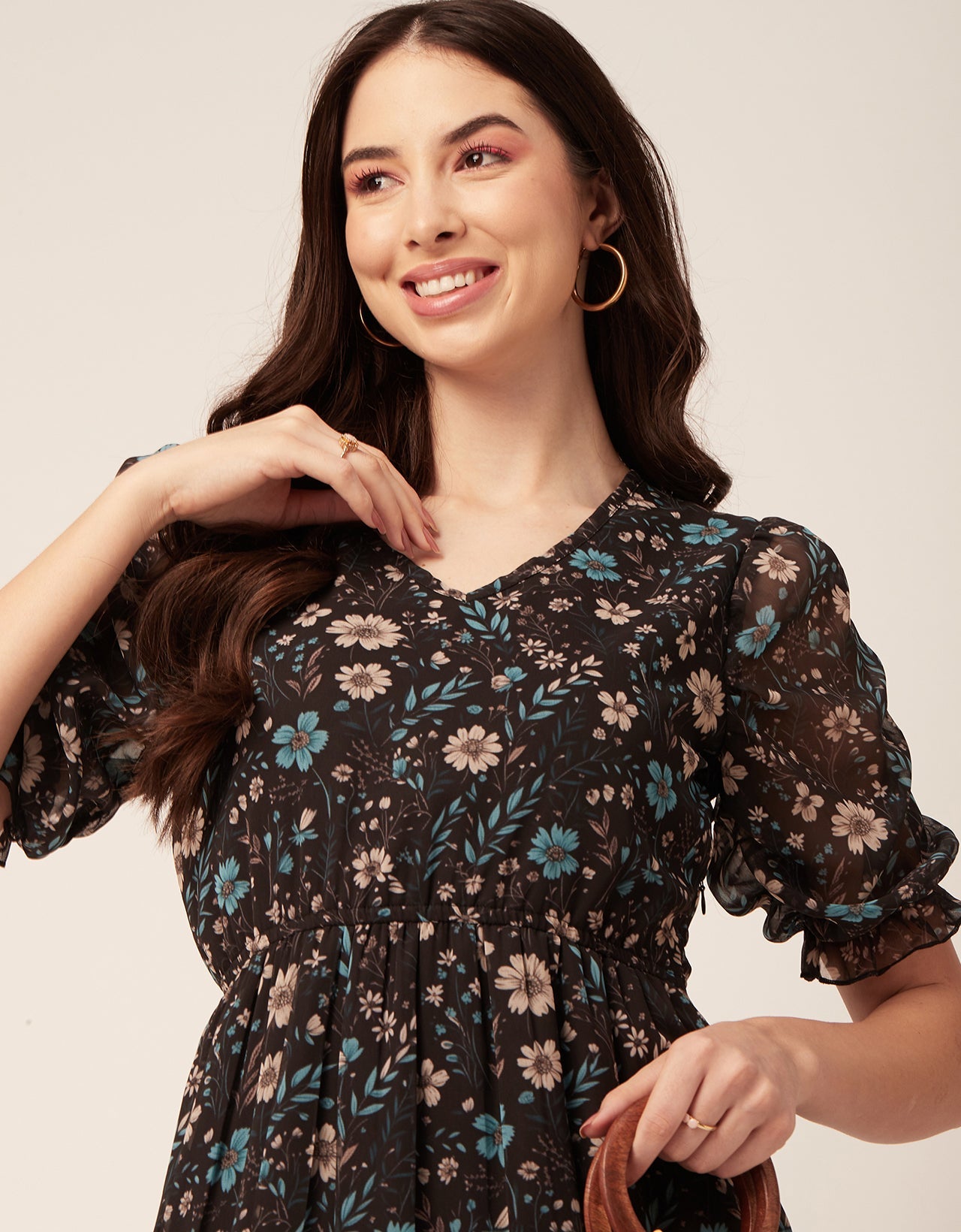 Printed Tiered V Neck Dress