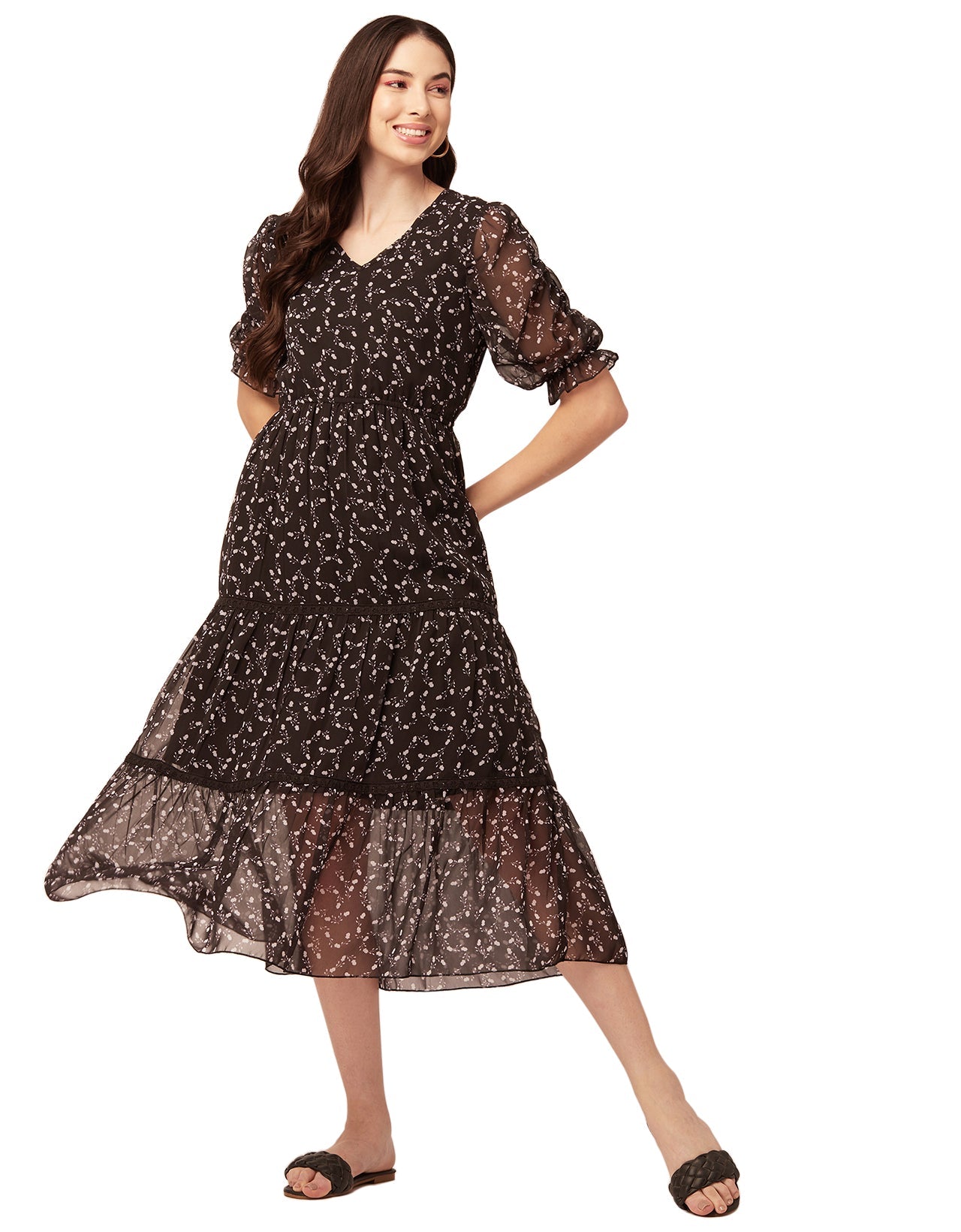 Printed Tiered V Neck Dress