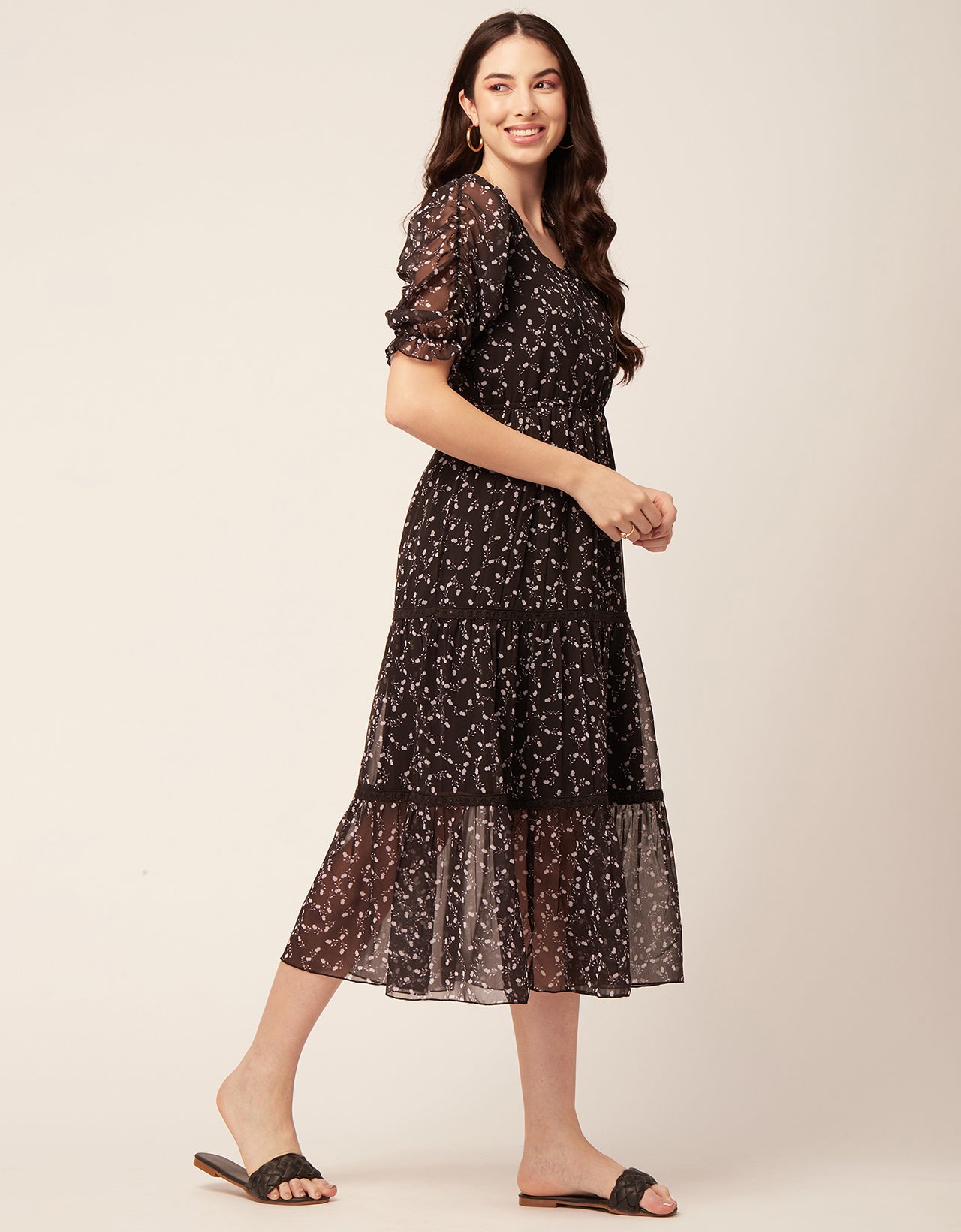 Printed Tiered V Neck Dress
