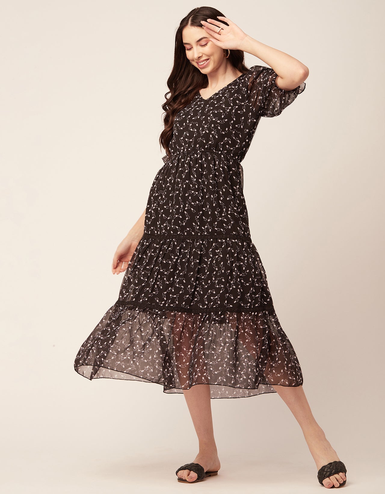 Printed Tiered V Neck Dress