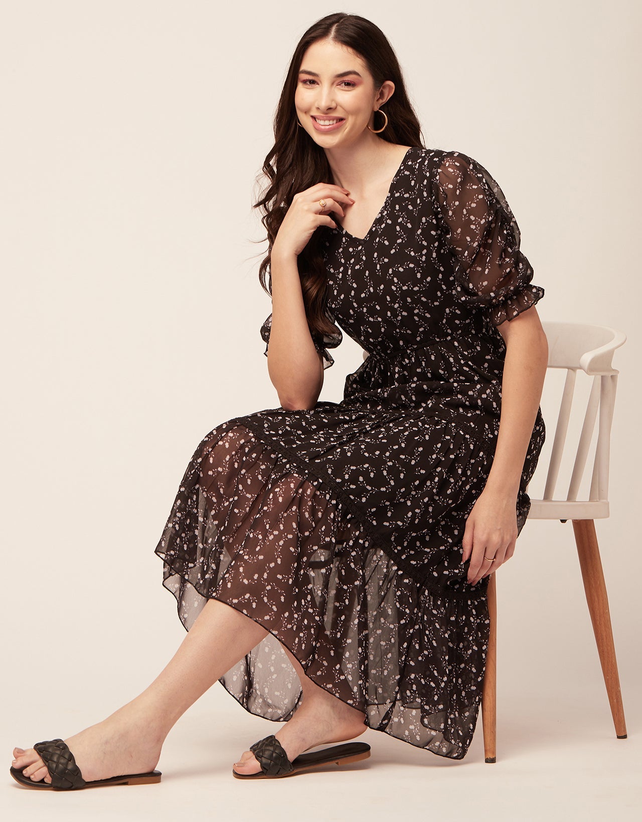 Printed Tiered V Neck Dress