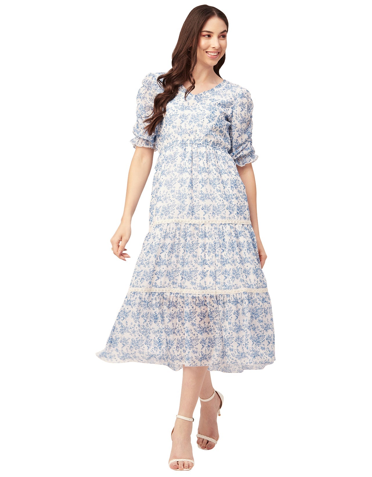 Printed Tiered V Neck Dress