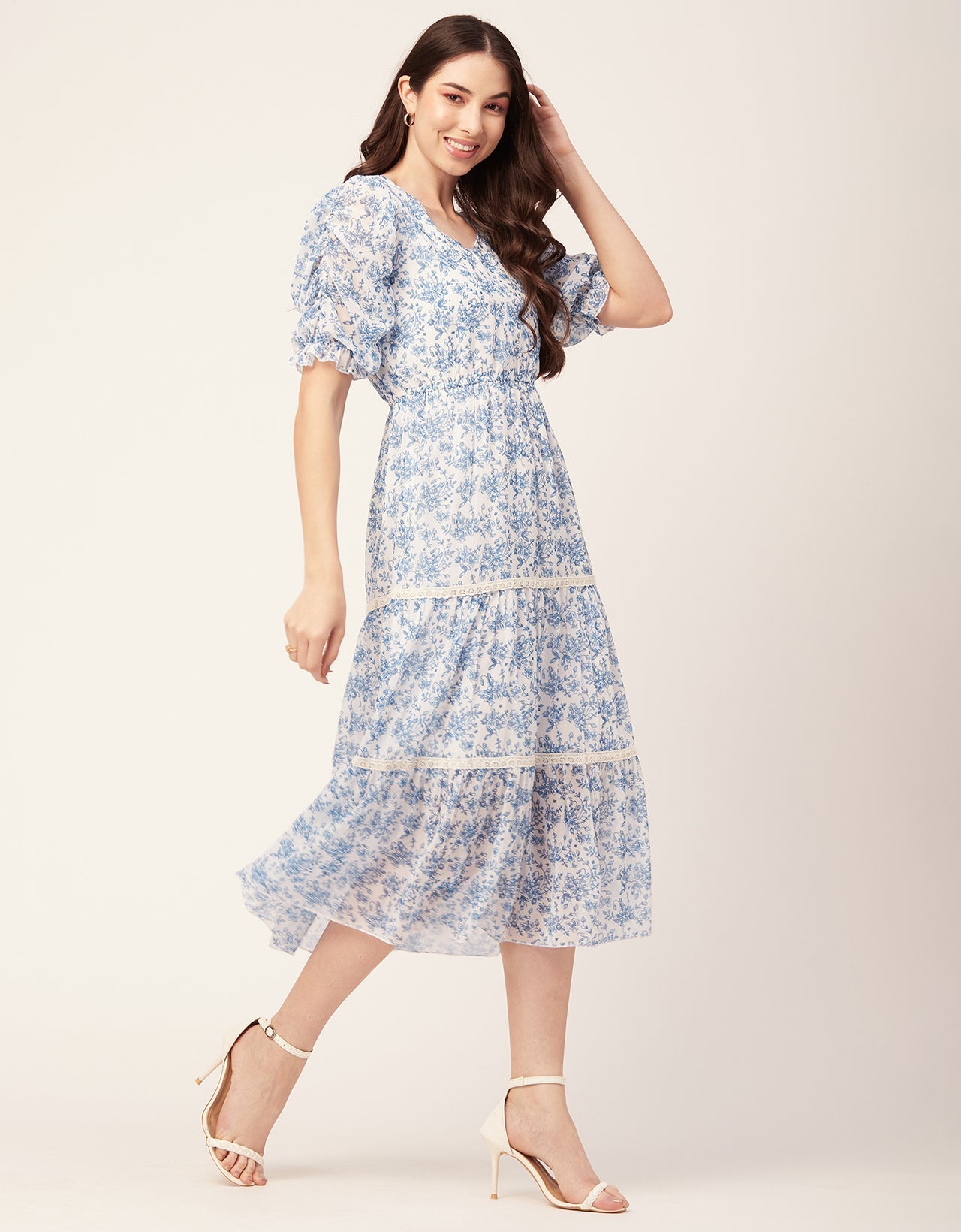 Printed Tiered V Neck Dress