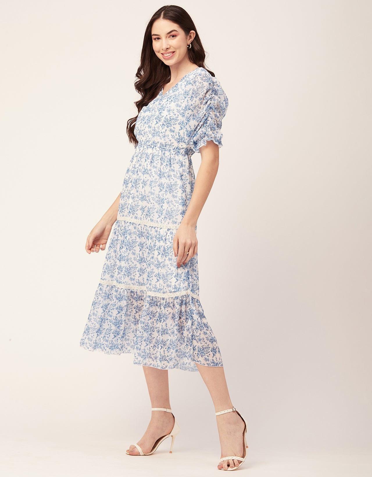 Printed Tiered V Neck Dress