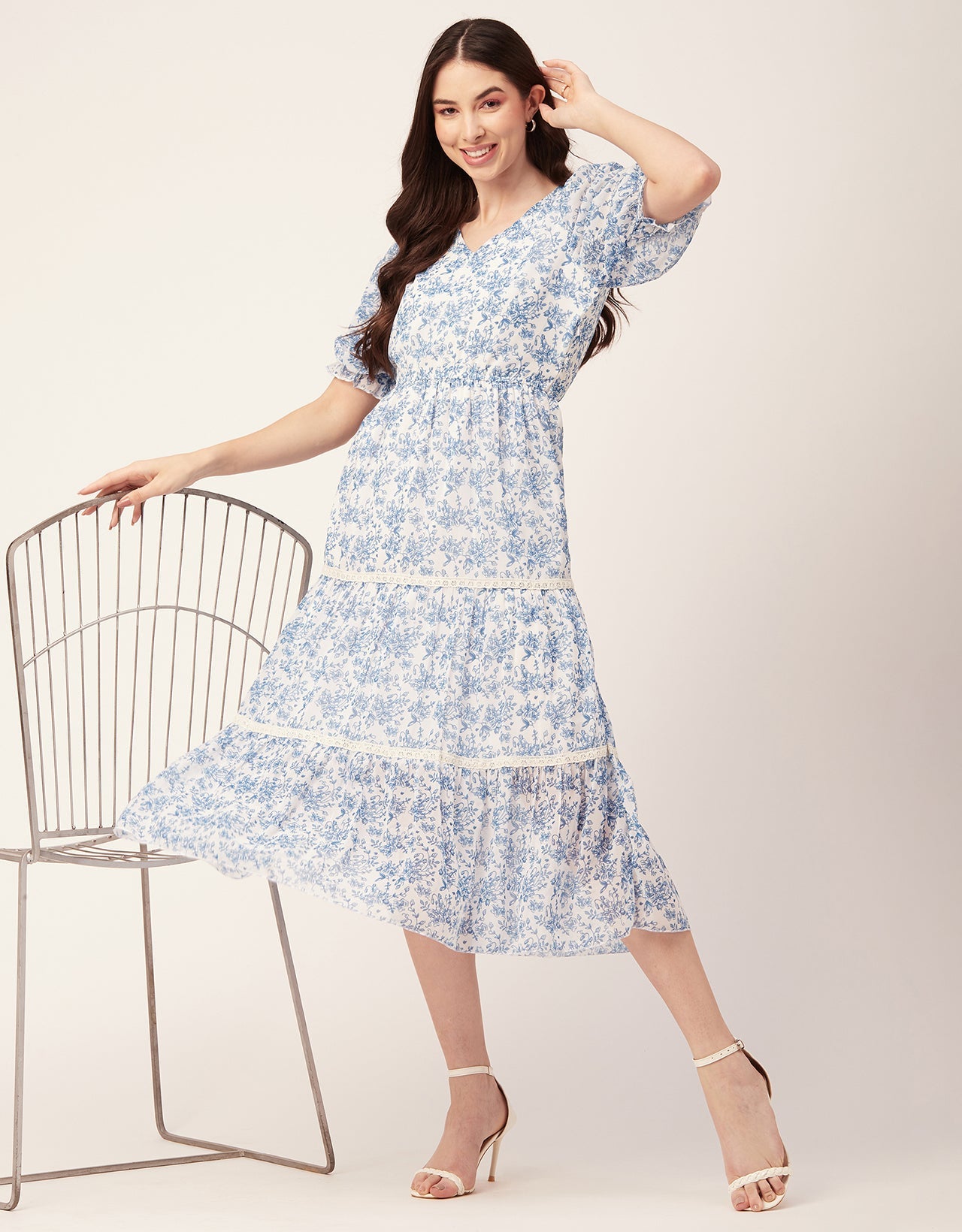 Printed Tiered V Neck Dress