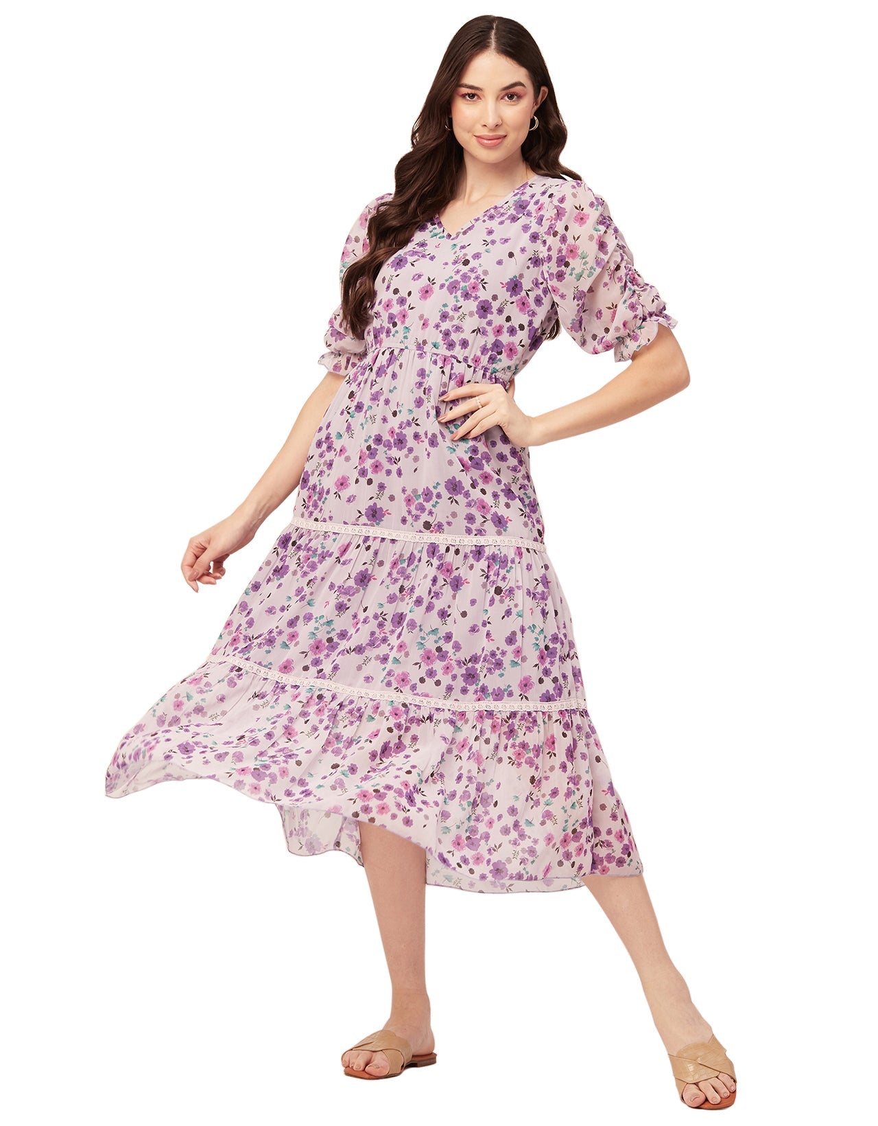 Printed Tiered V Neck Dress