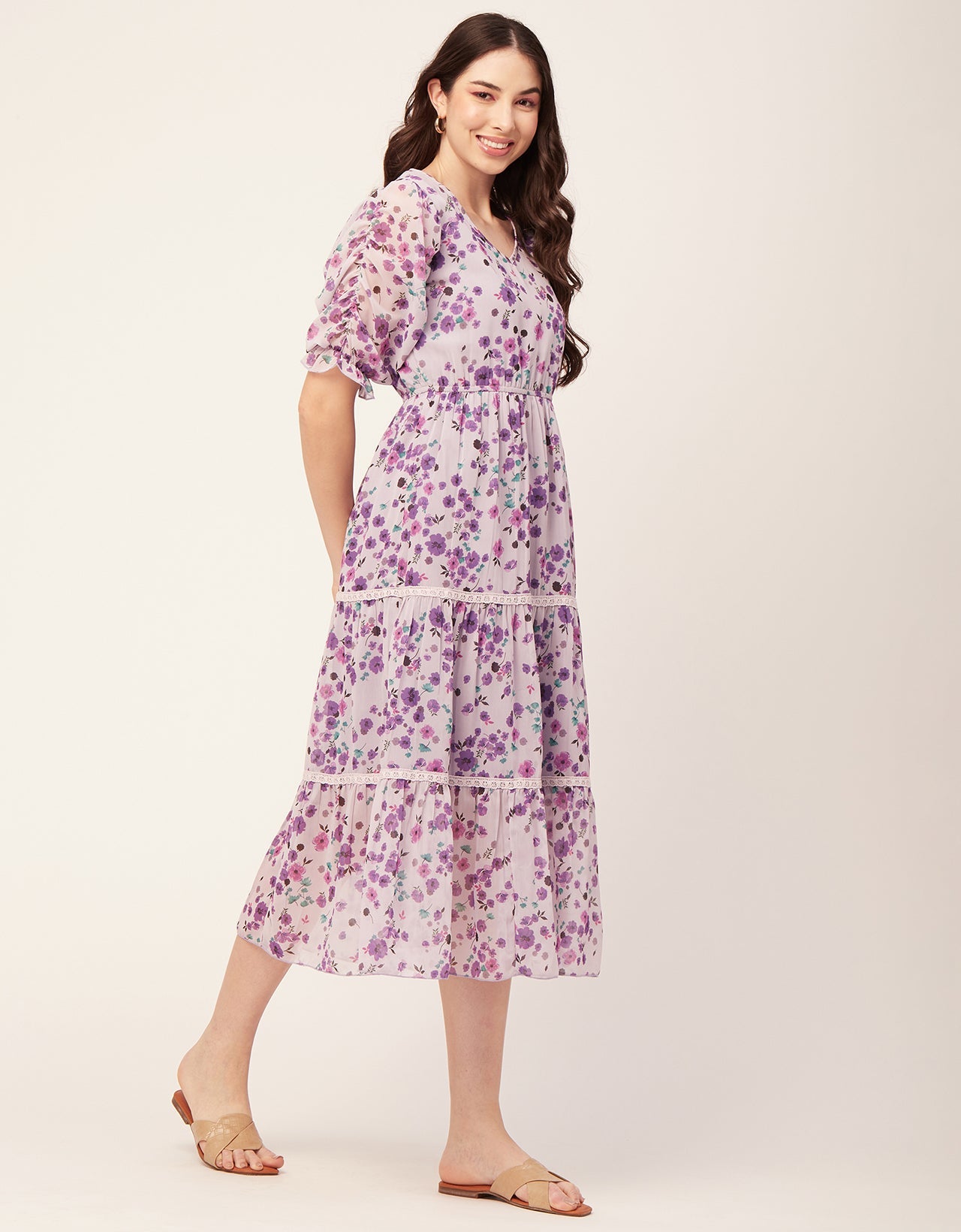 Printed Tiered V Neck Dress