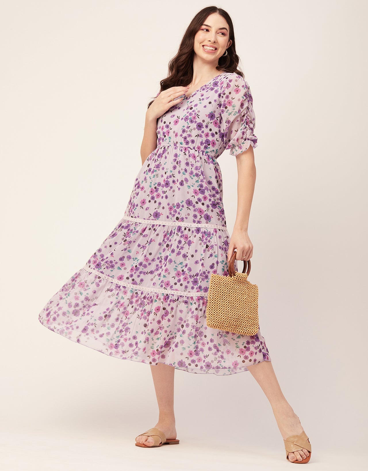 Printed Tiered V Neck Dress