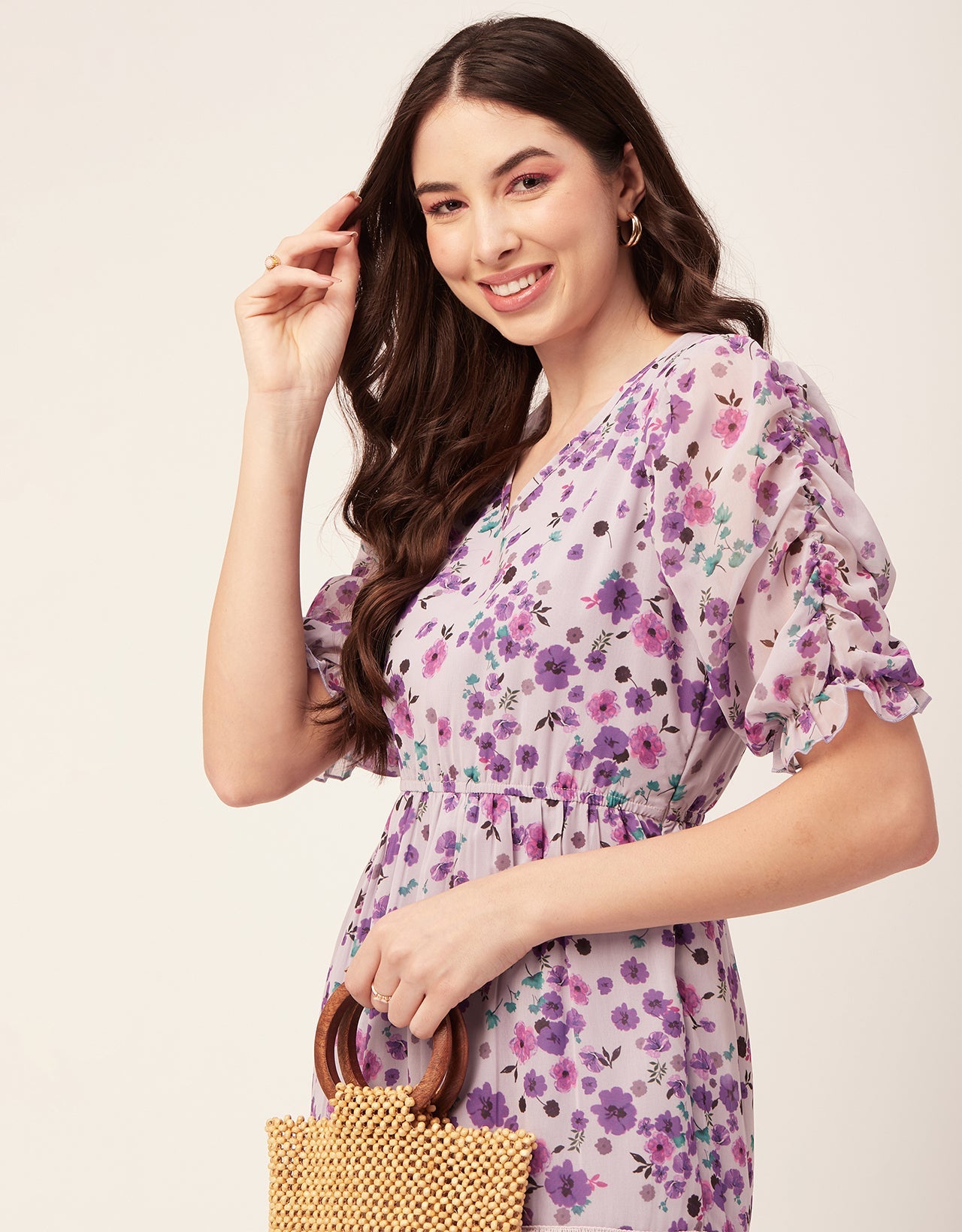 Printed Tiered V Neck Dress