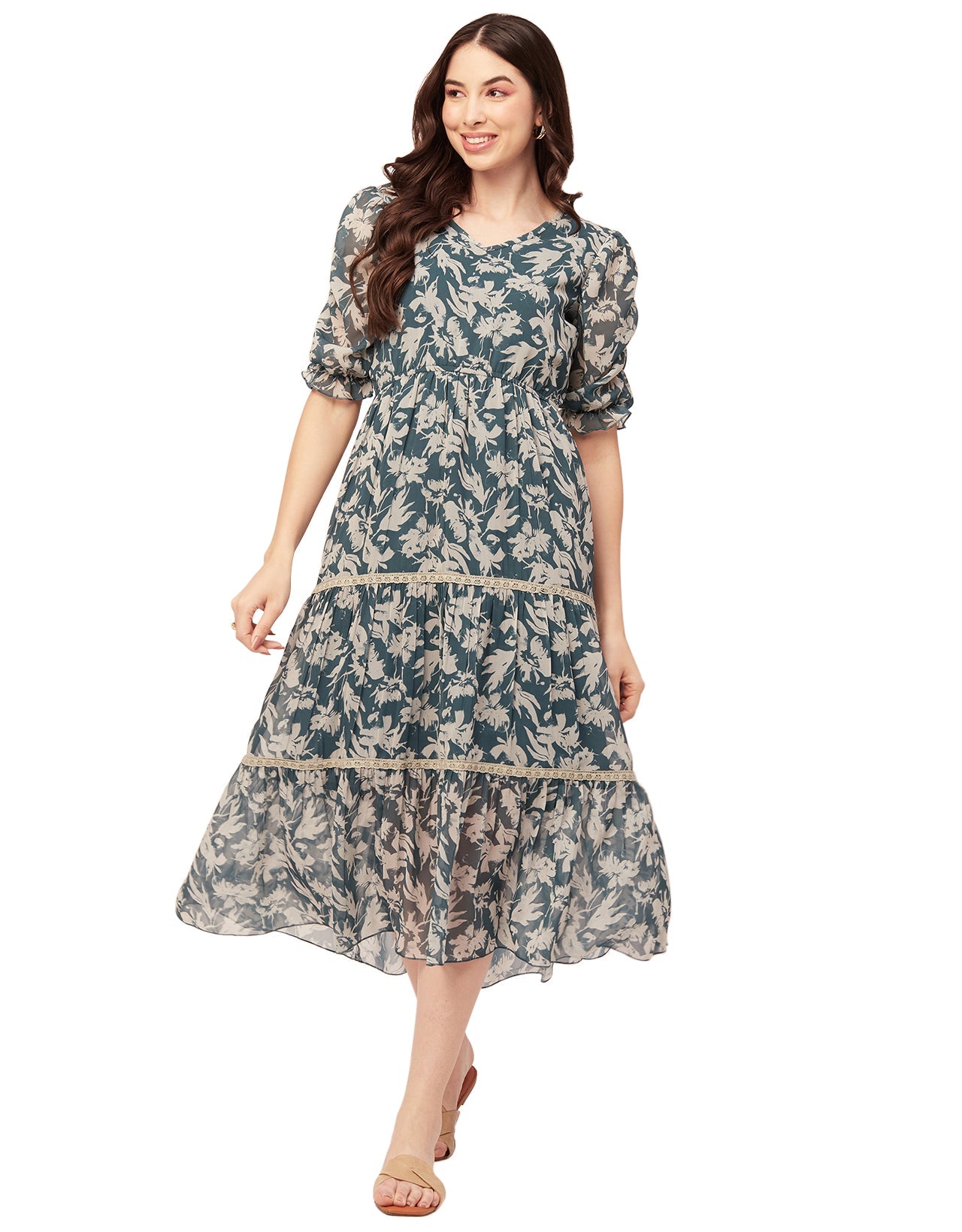 Printed Tiered V Neck Dress