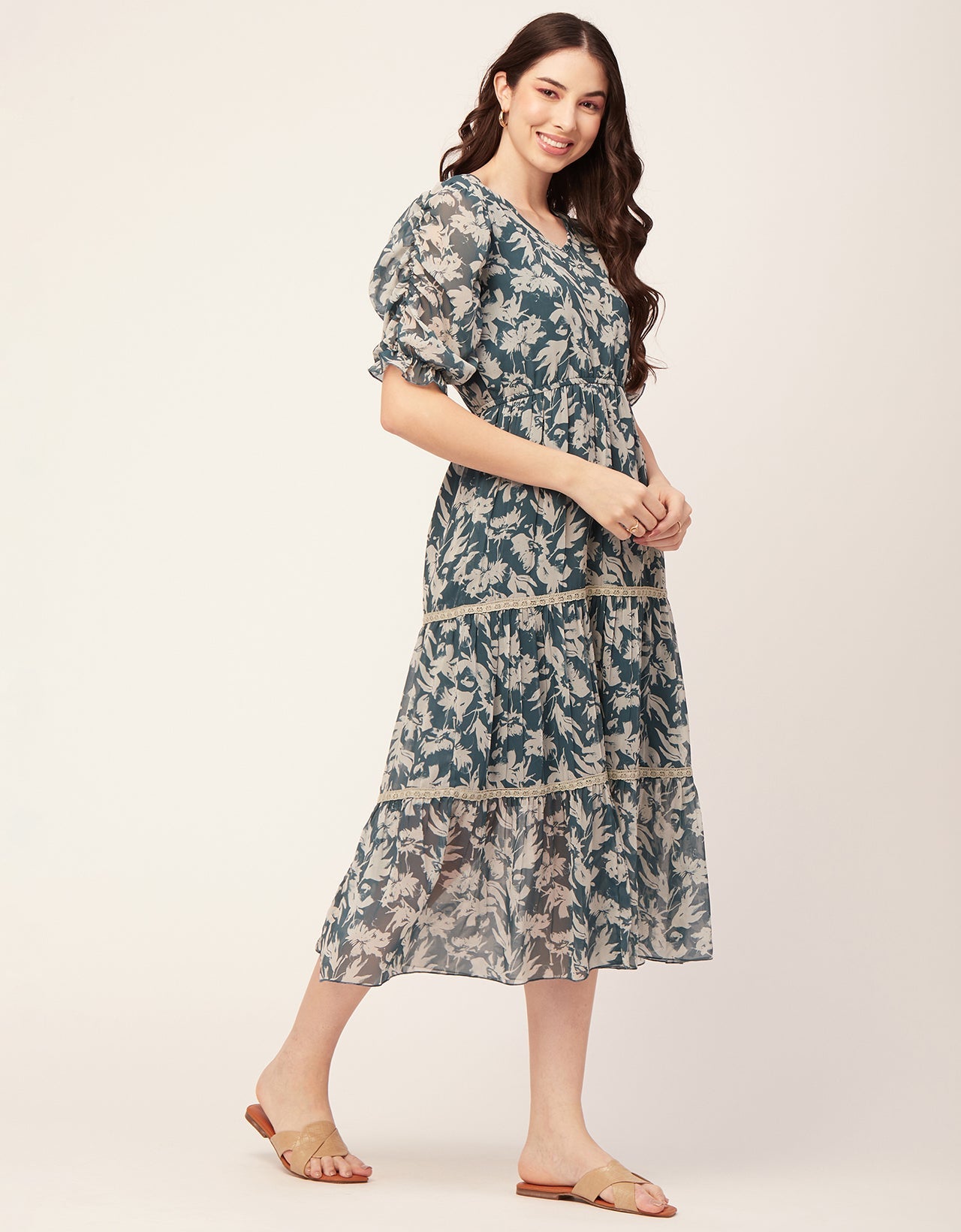 Printed Tiered V Neck Dress
