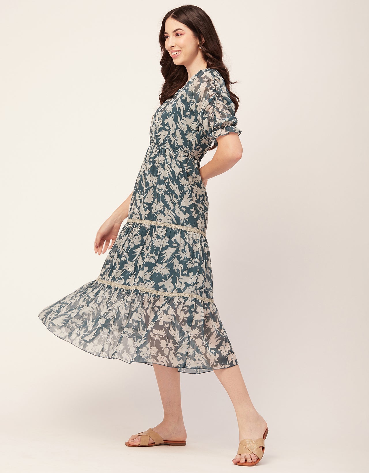 Printed Tiered V Neck Dress