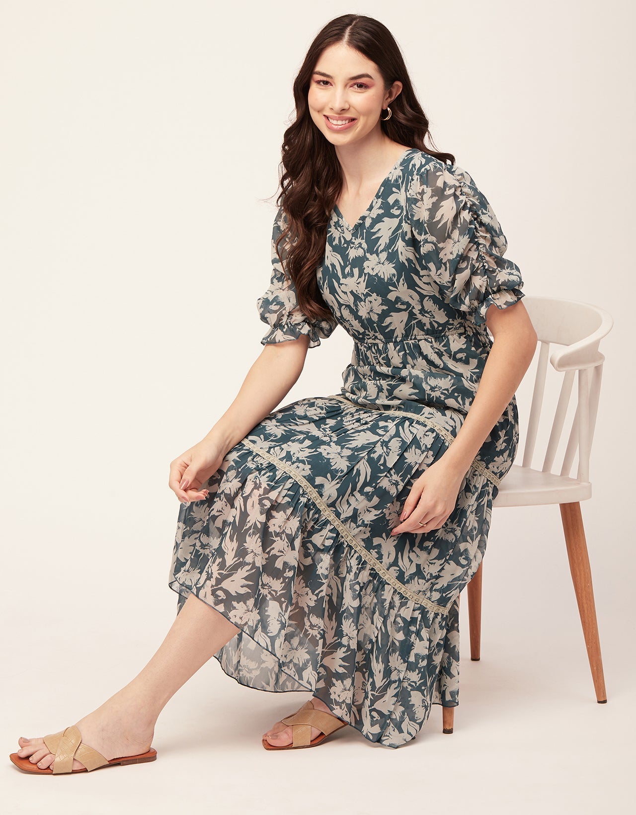 Printed Tiered V Neck Dress