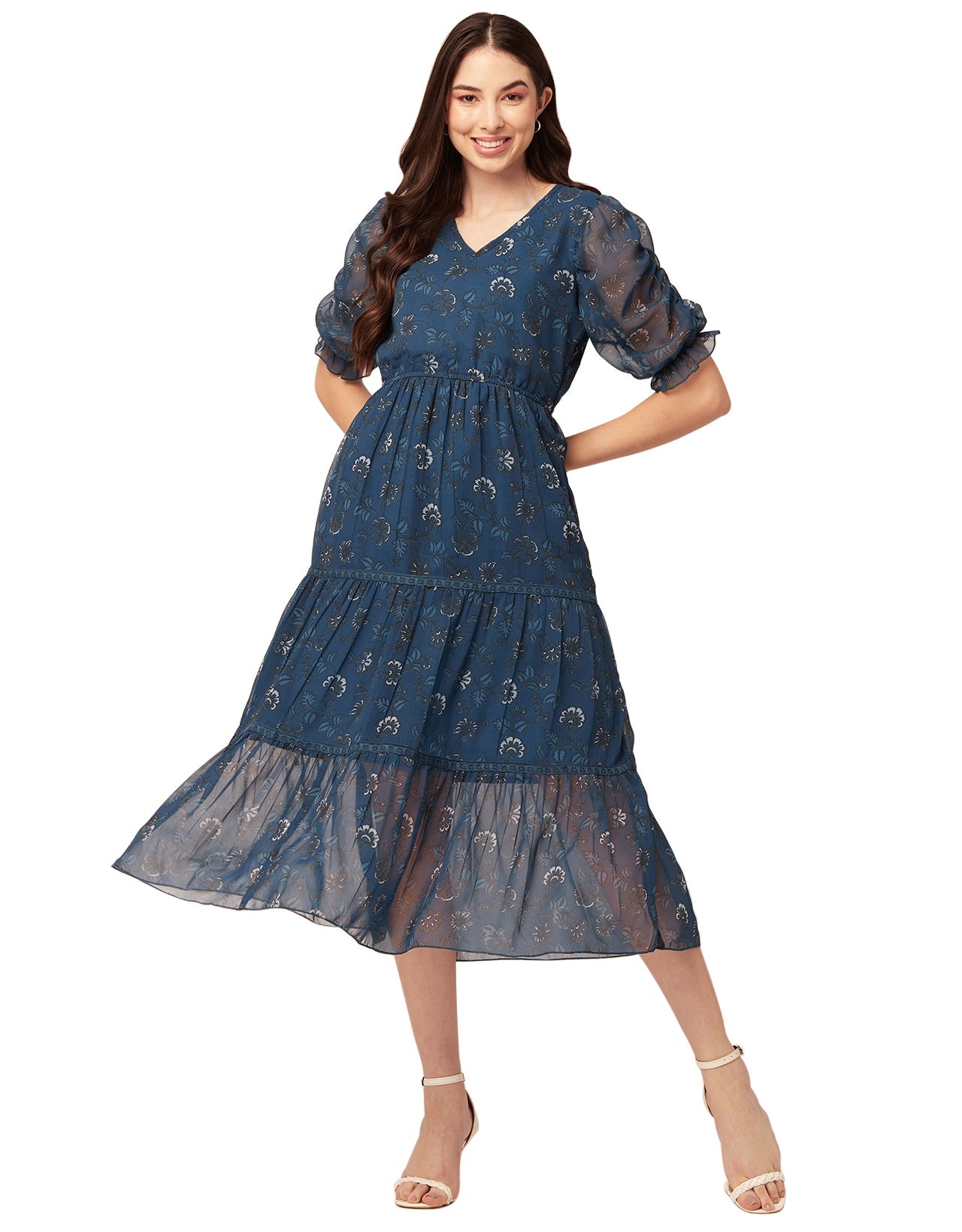 Printed Tiered V Neck Dress