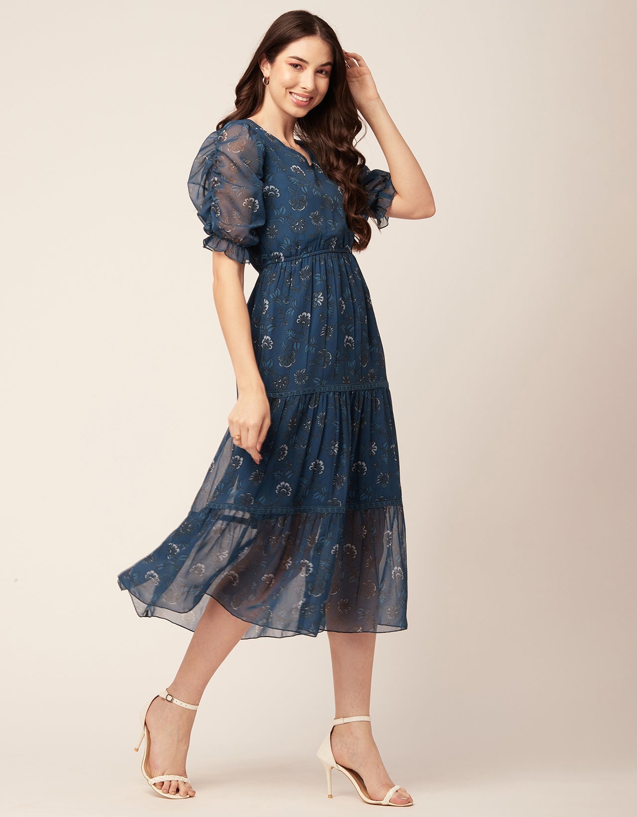 Printed Tiered V Neck Dress