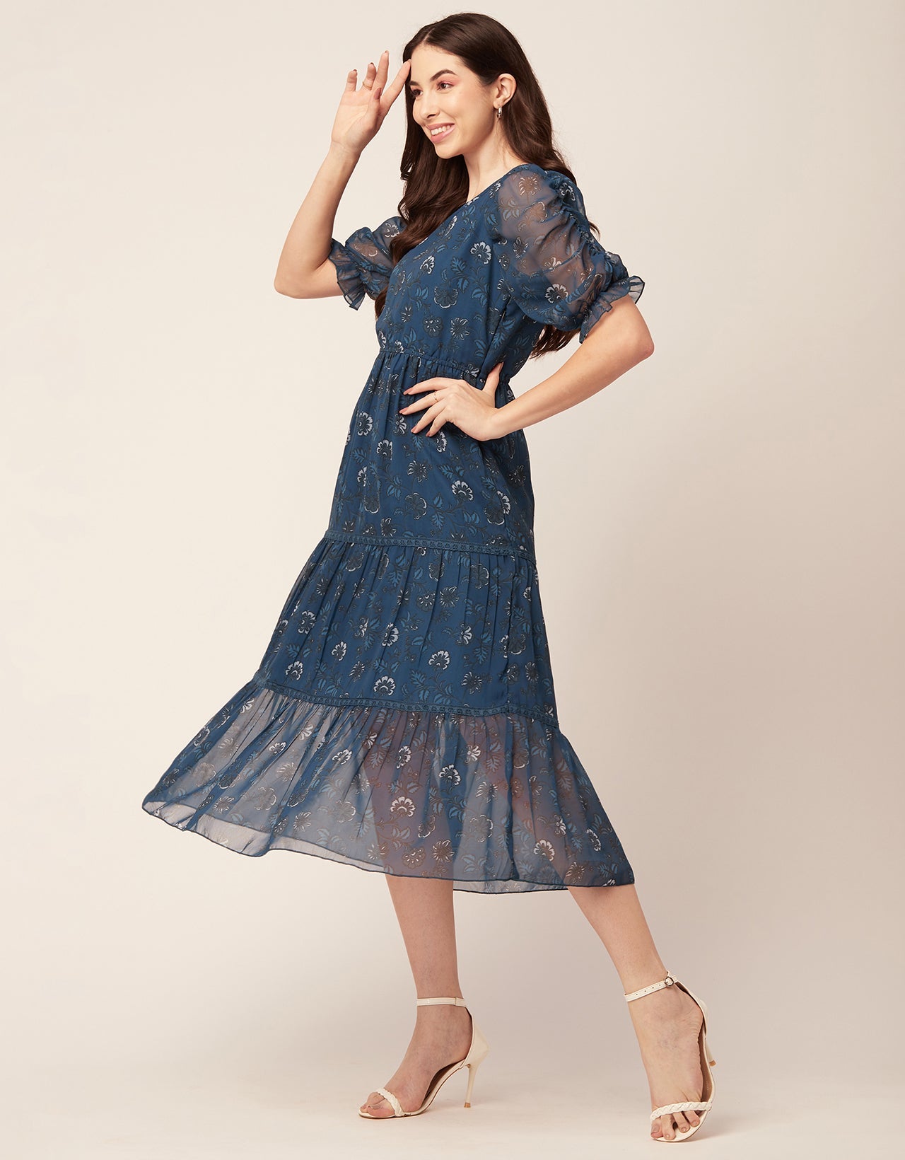 Printed Tiered V Neck Dress