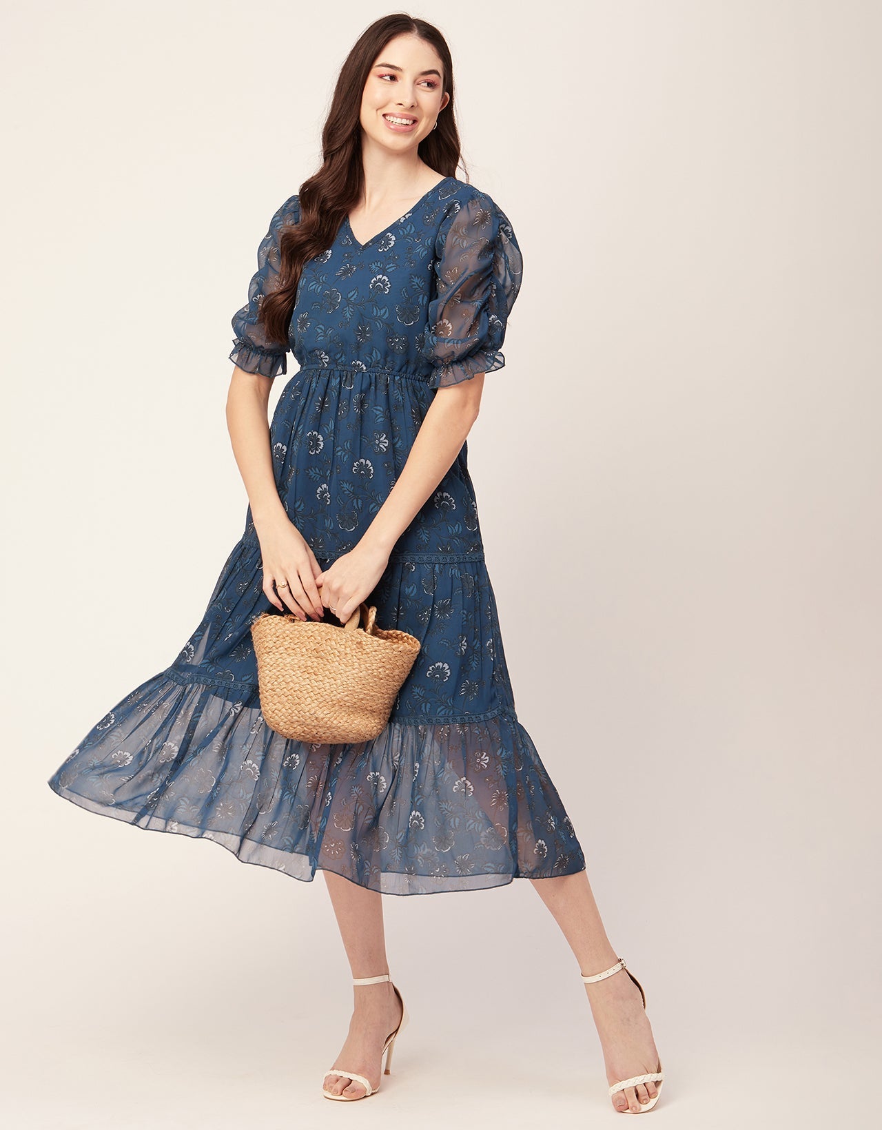 Printed Tiered V Neck Dress