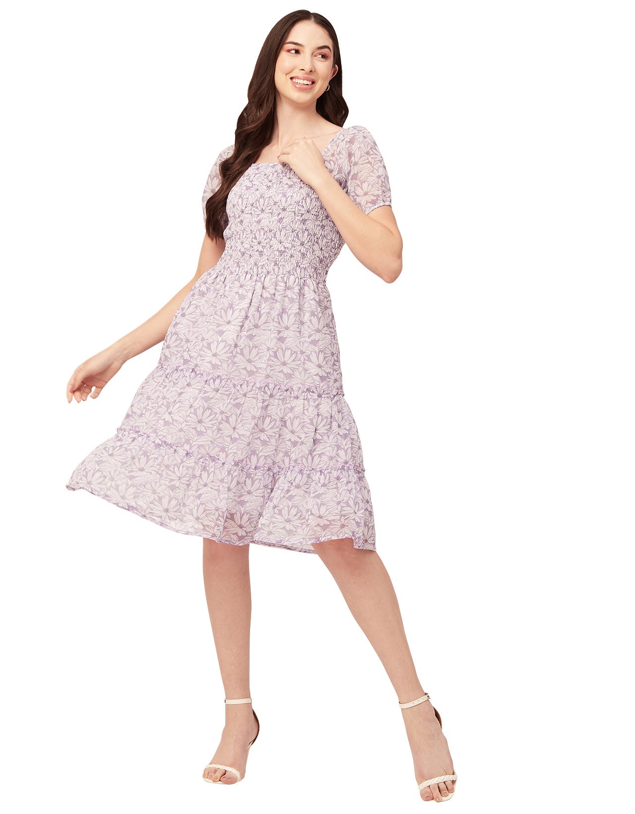 Printed Smocked Knee Dress
