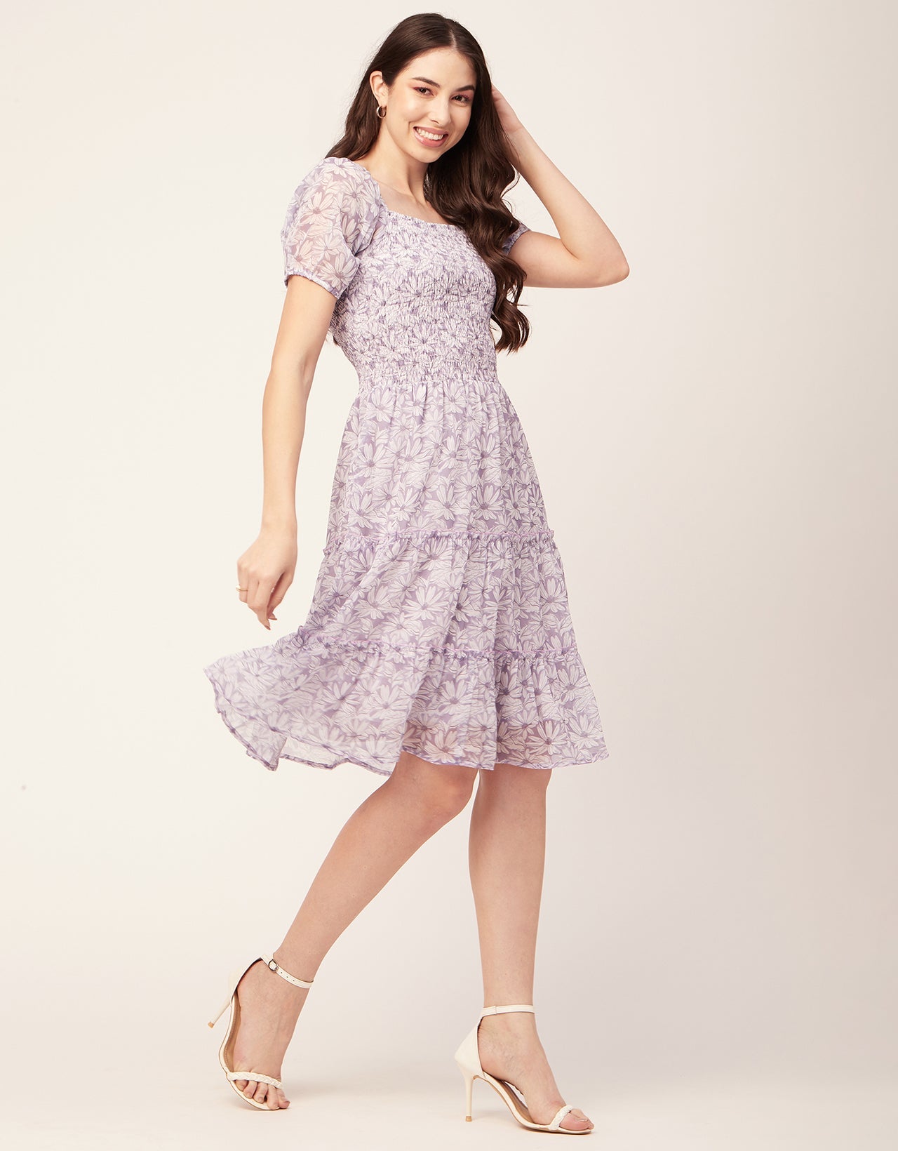 Printed Smocked Knee Dress