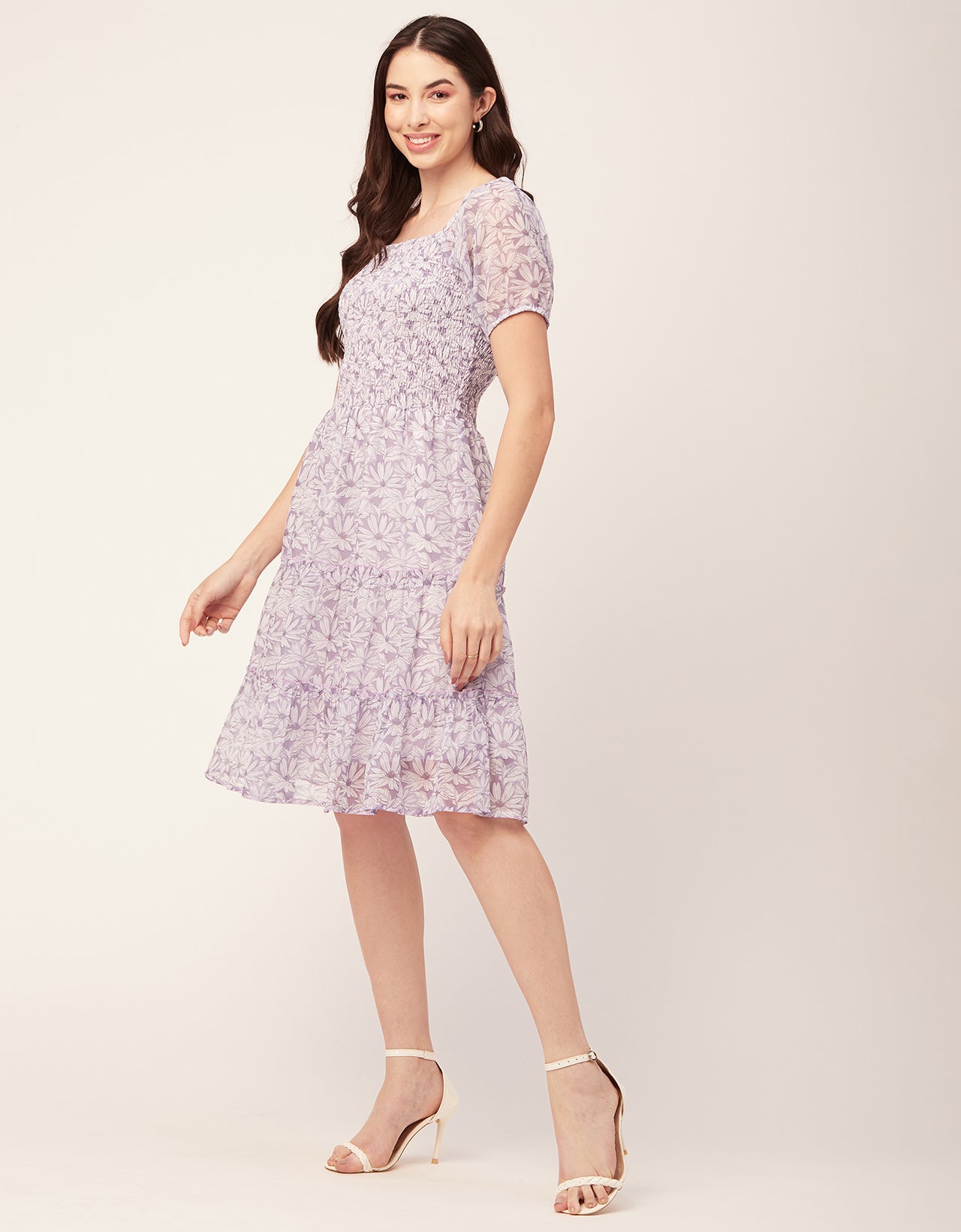 Printed Smocked Knee Dress