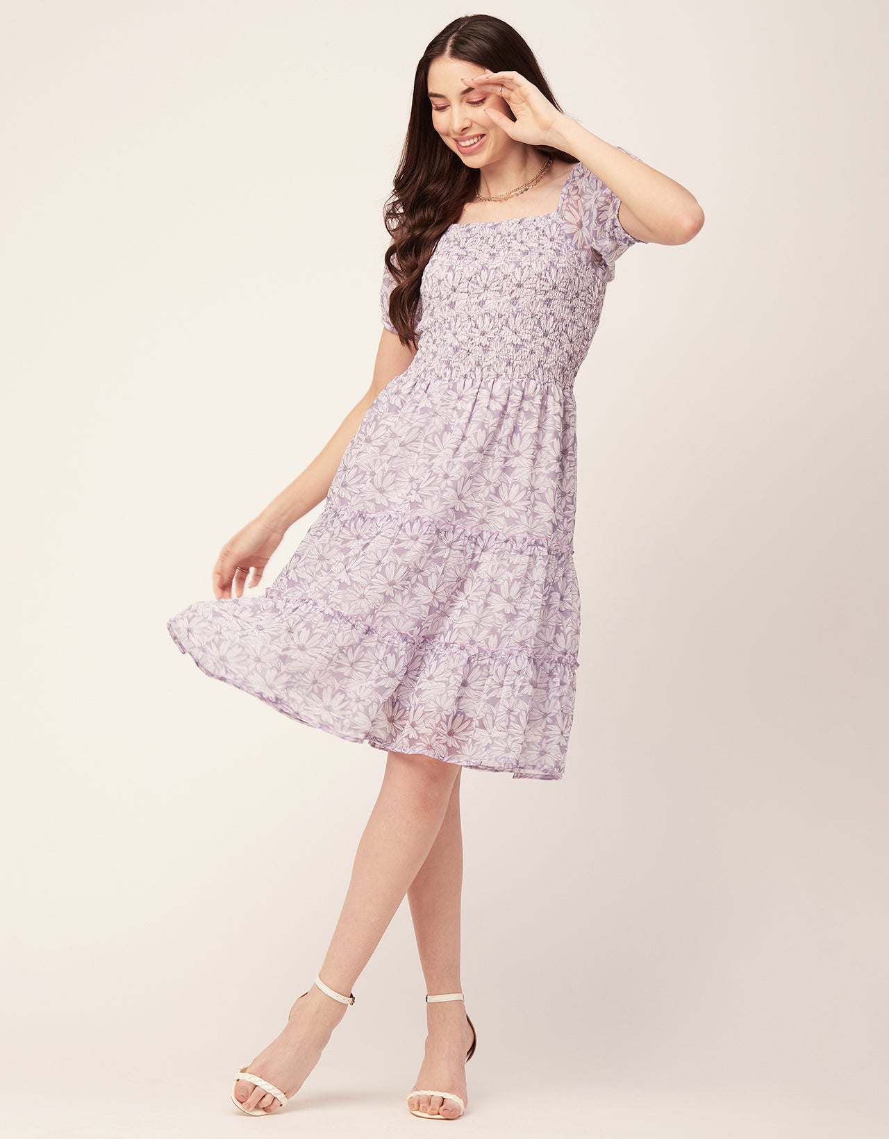 Printed Smocked Knee Dress