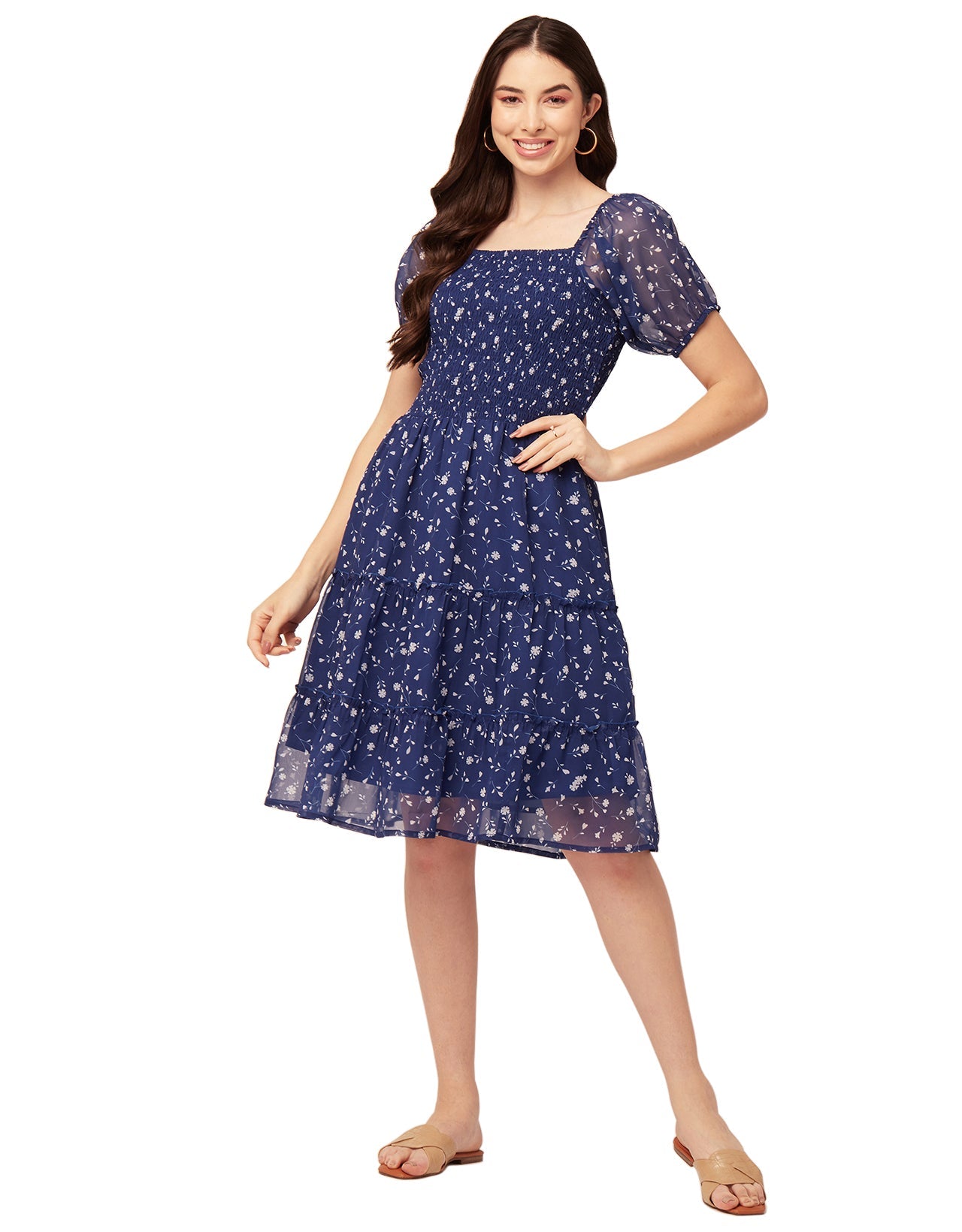 Printed Smocked Knee Dress