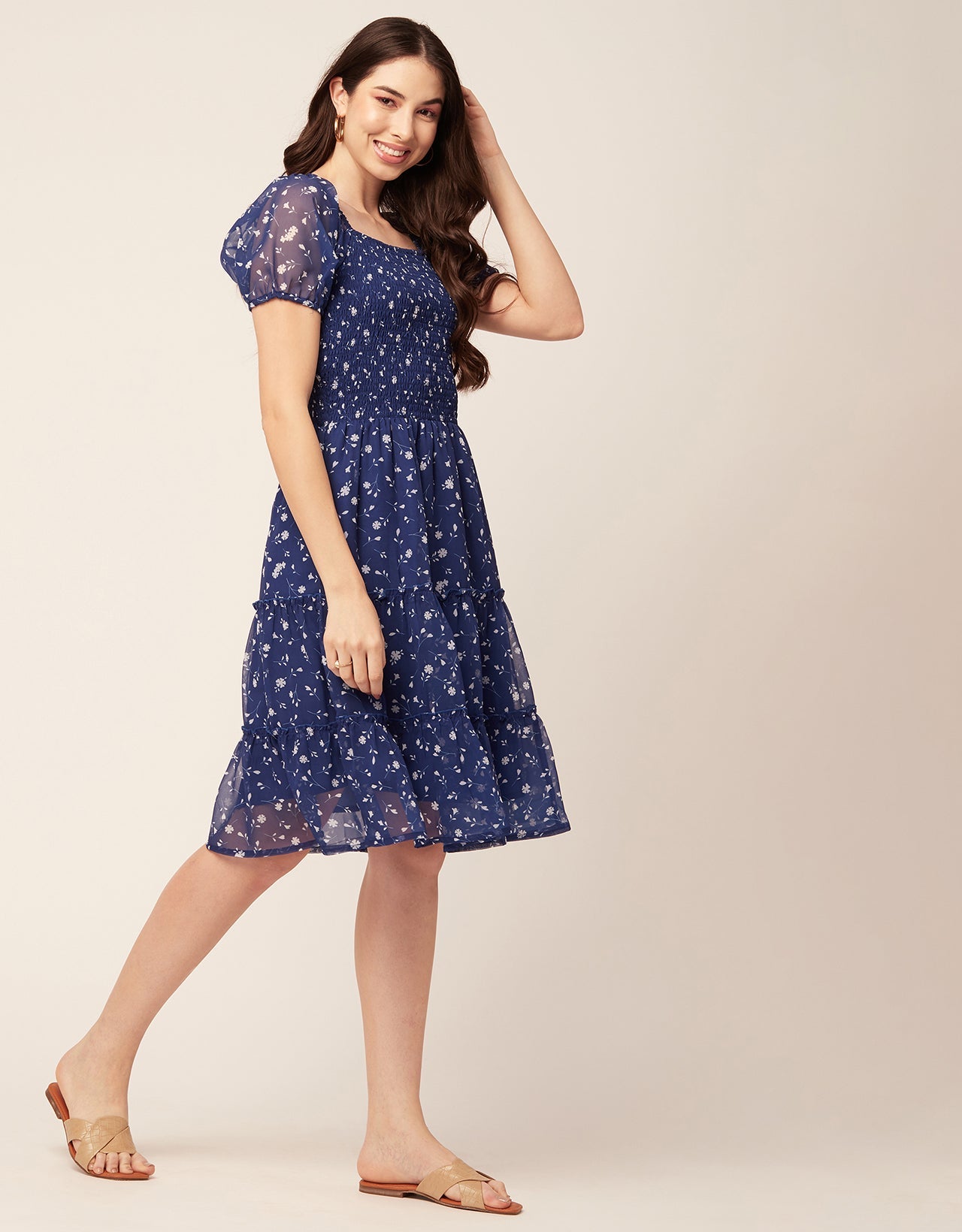 Printed Smocked Knee Dress