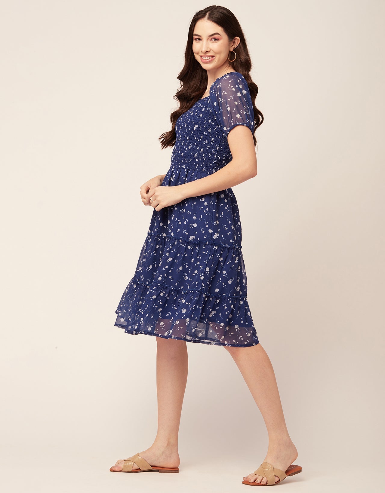 Printed Smocked Knee Dress