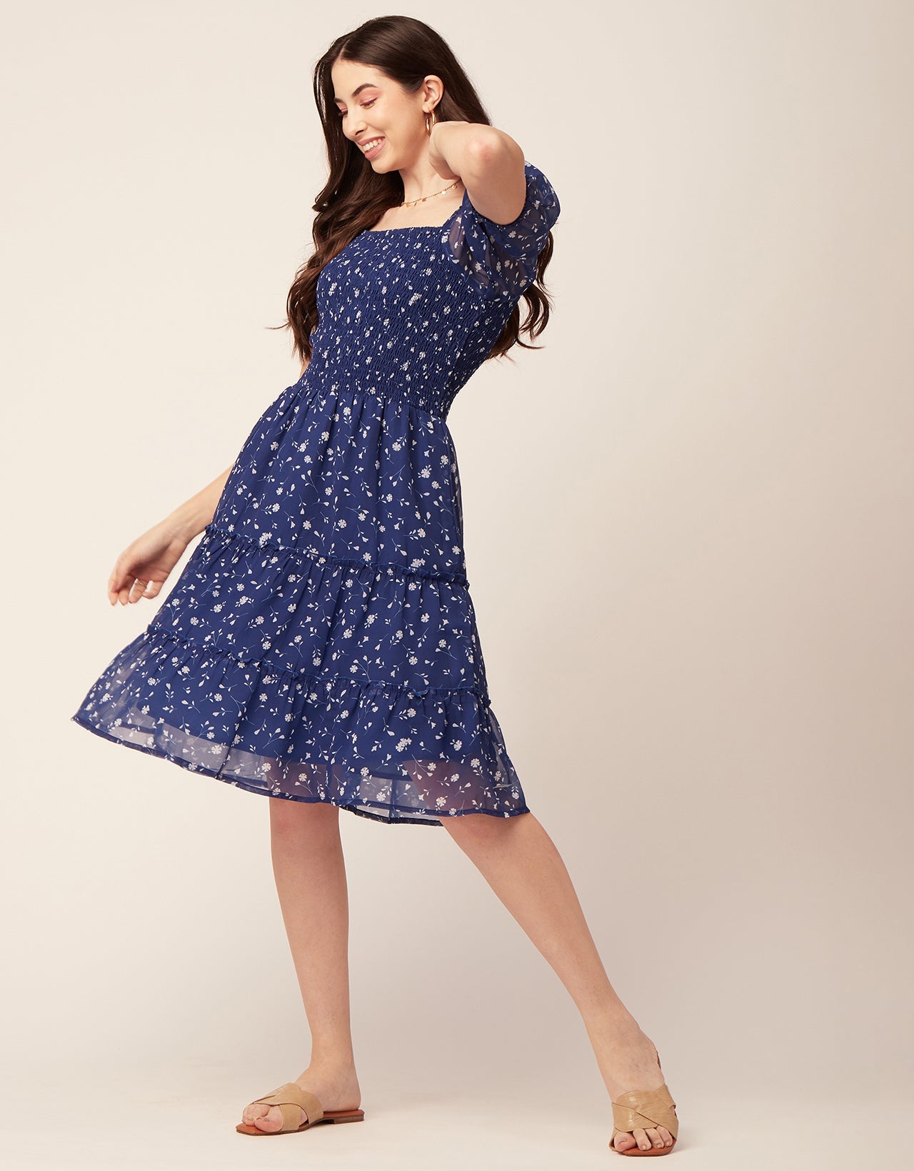 Printed Smocked Knee Dress