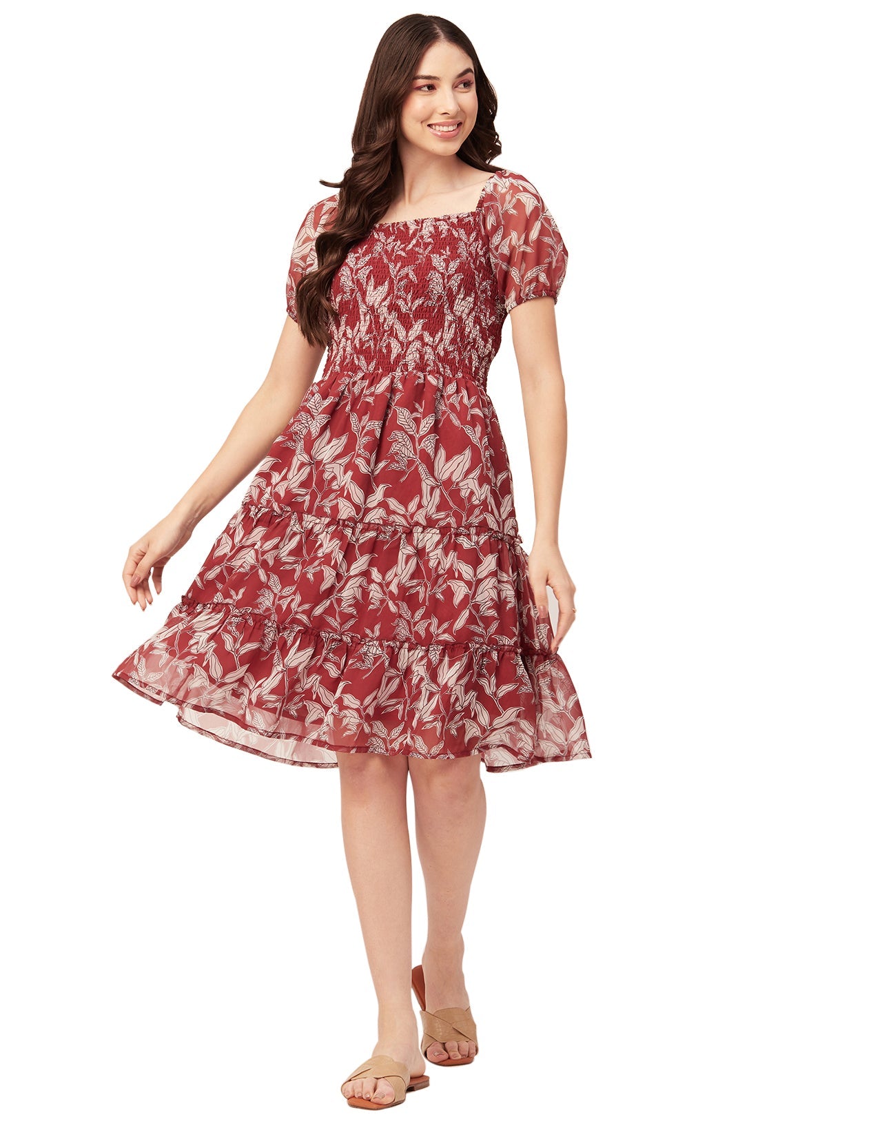 Printed Smocked Knee Dress
