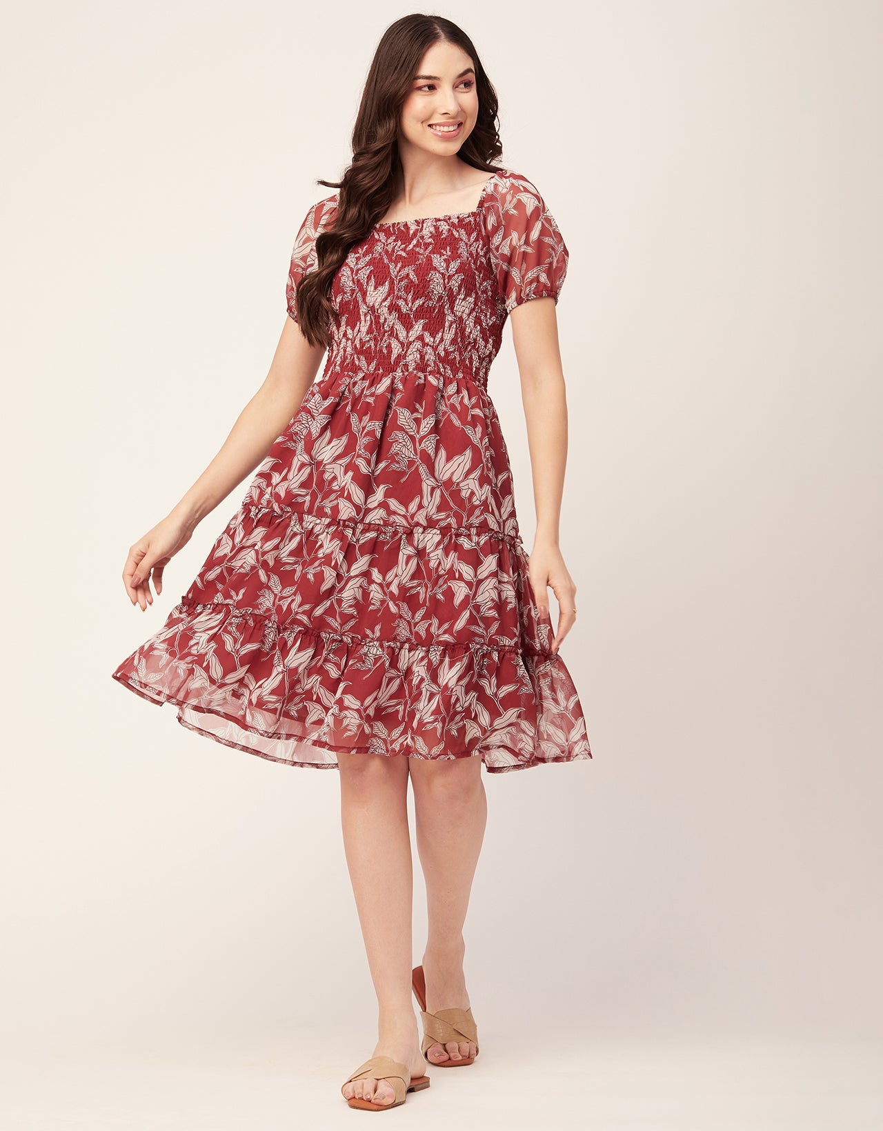 Printed Smocked Knee Dress