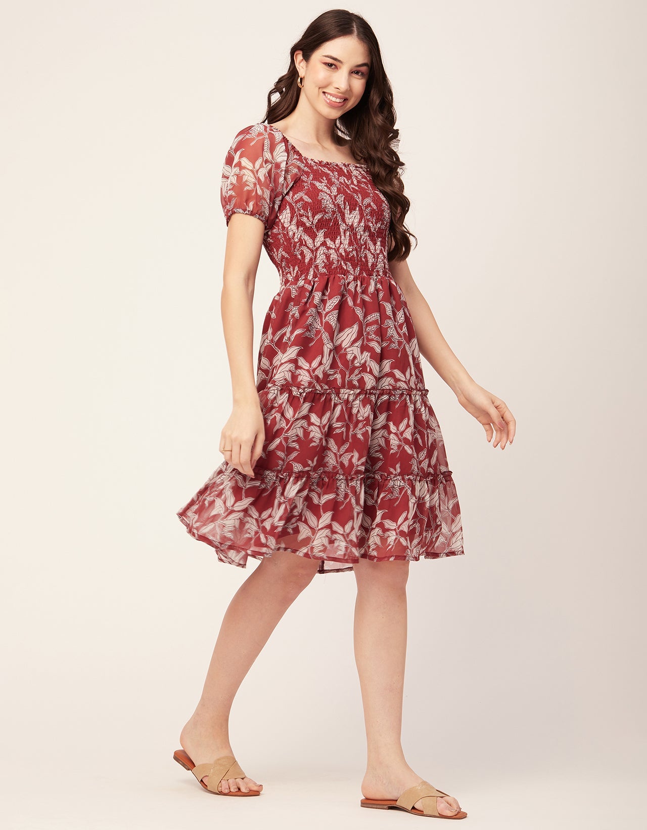 Printed Smocked Knee Dress