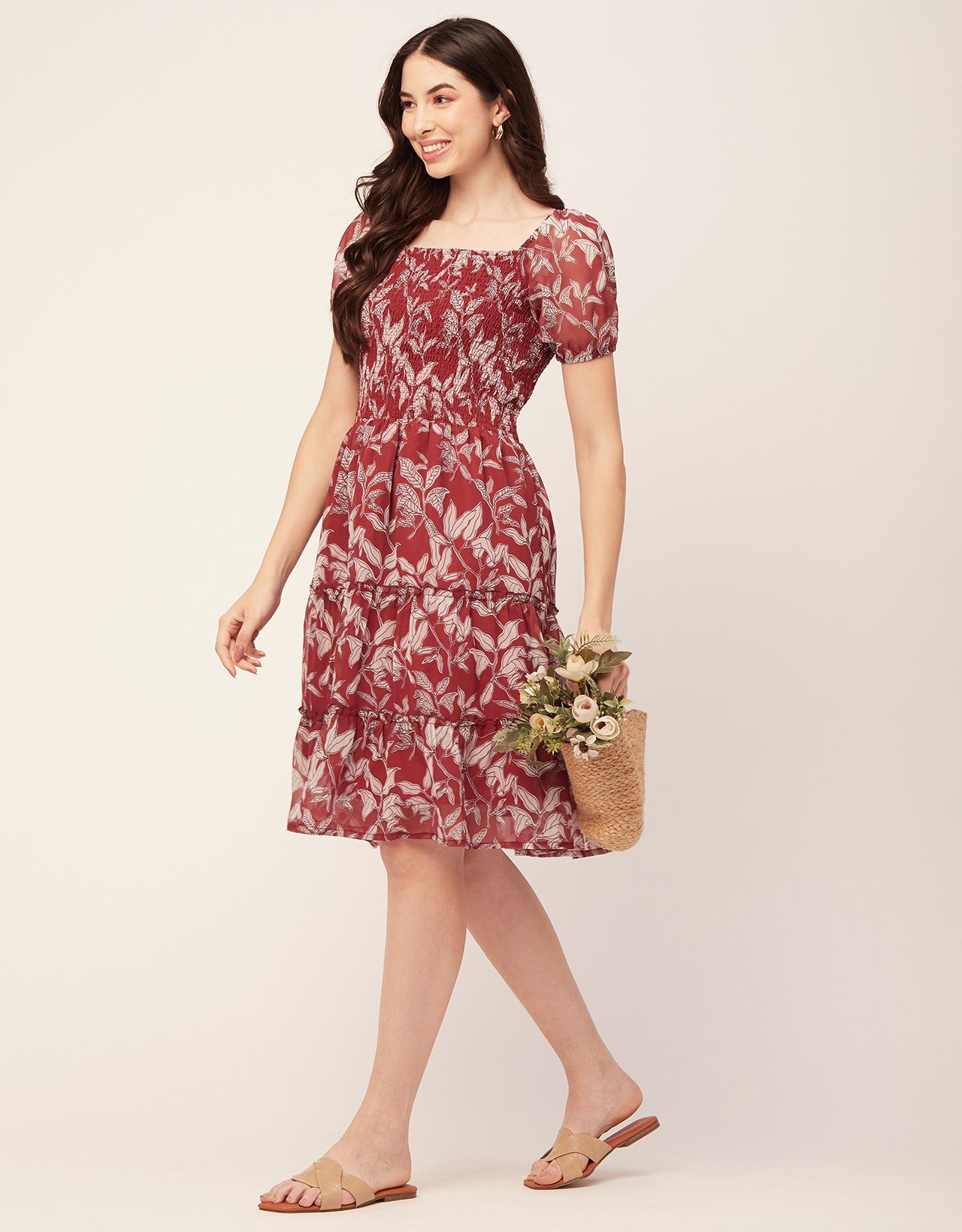 Printed Smocked Knee Dress