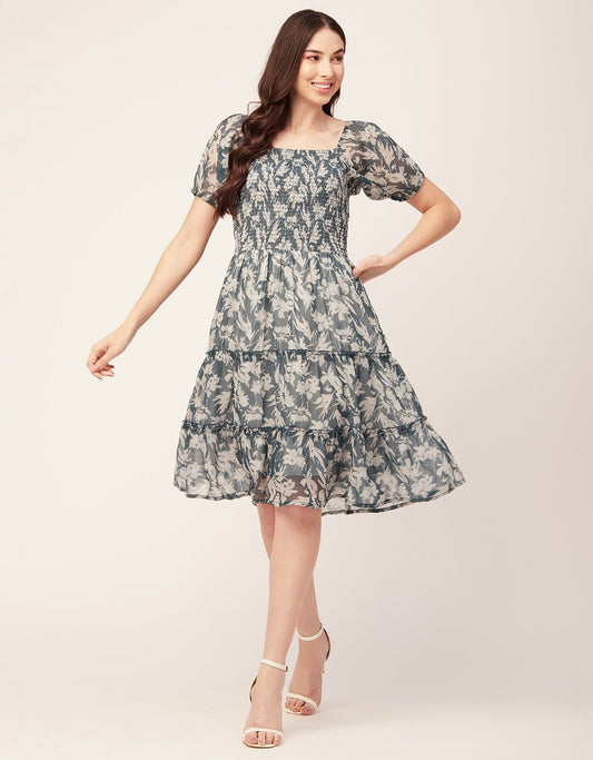 Printed Smocked Knee Dress