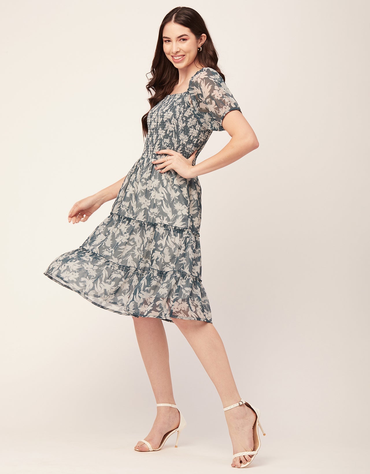 Printed Smocked Knee Dress